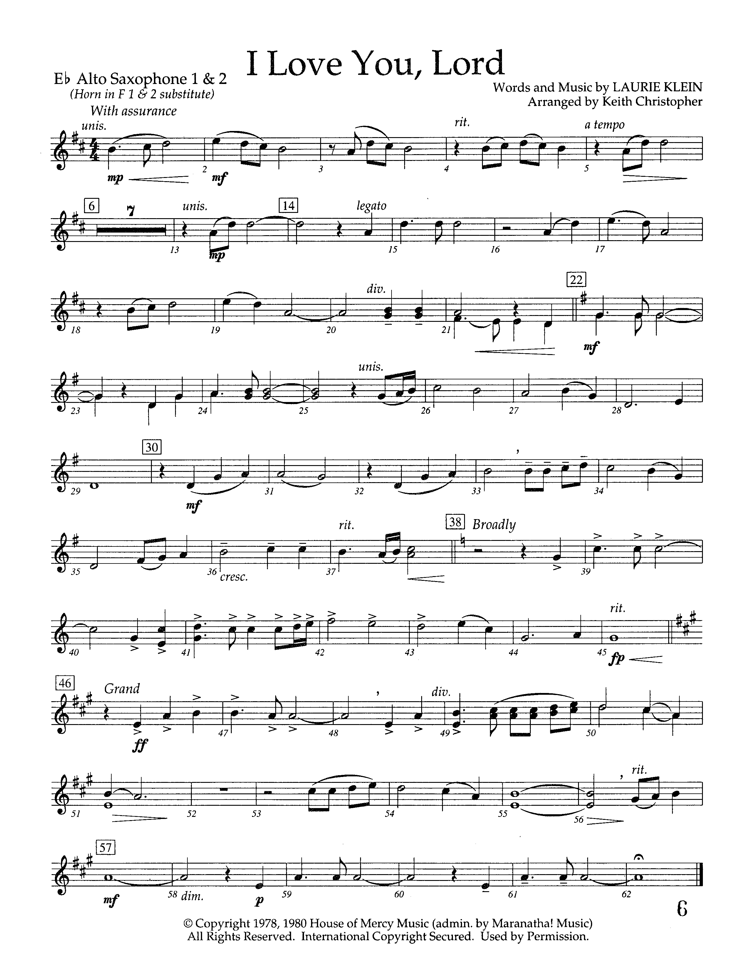 I Love You Lord (Instrumental) Alto Sax 1/2 (Lifeway Worship / Arr. Keith Christopher)