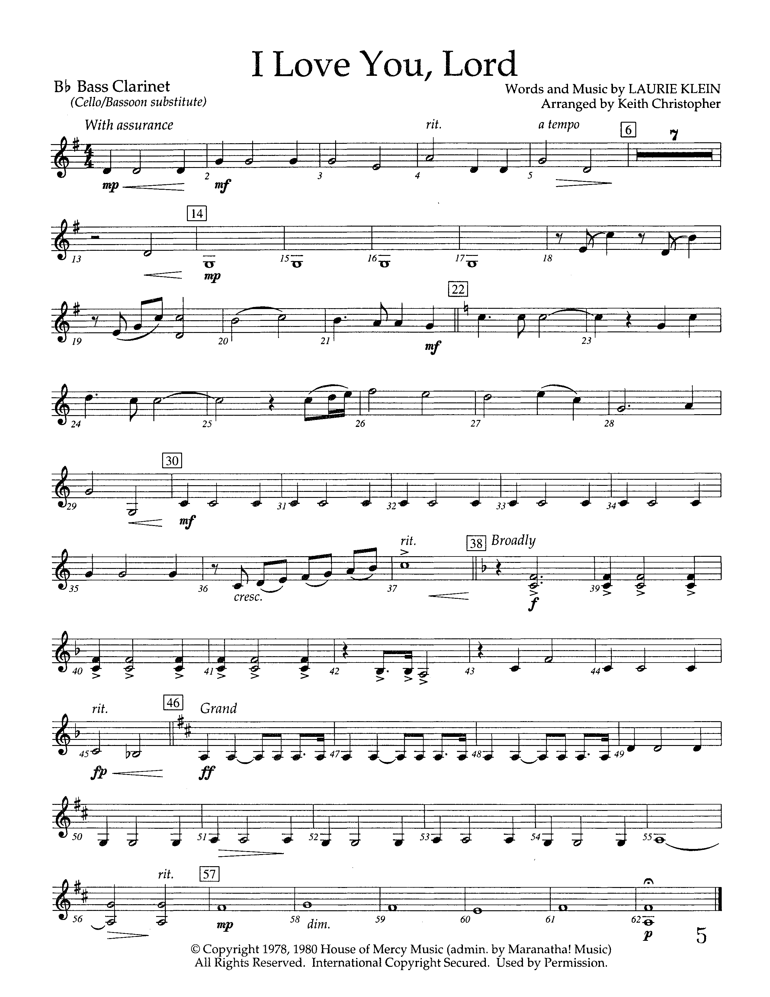 I Love You Lord (Instrumental) Bass Clarinet (Lifeway Worship / Arr. Keith Christopher)