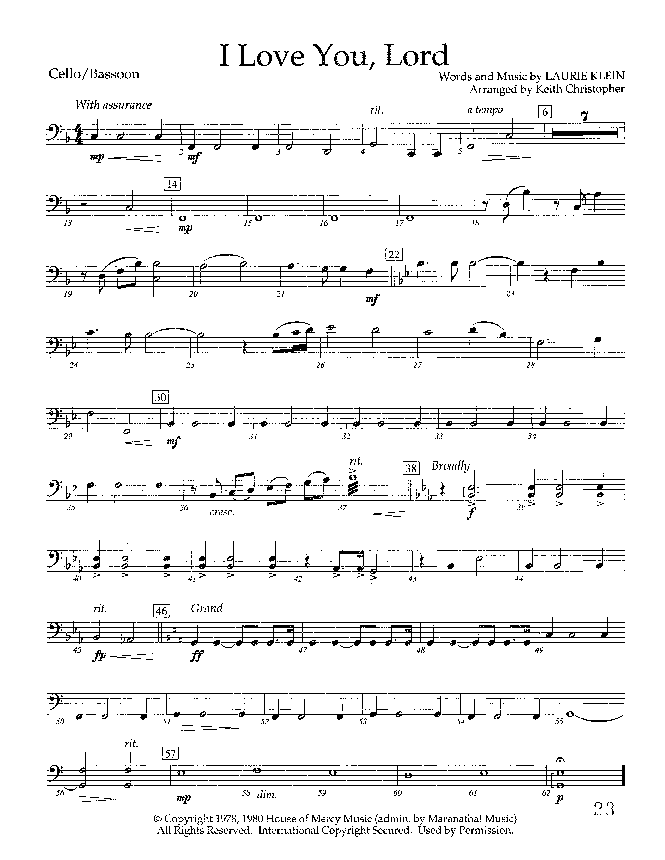 I Love You Lord (Instrumental) Cello (Lifeway Worship / Arr. Keith Christopher)