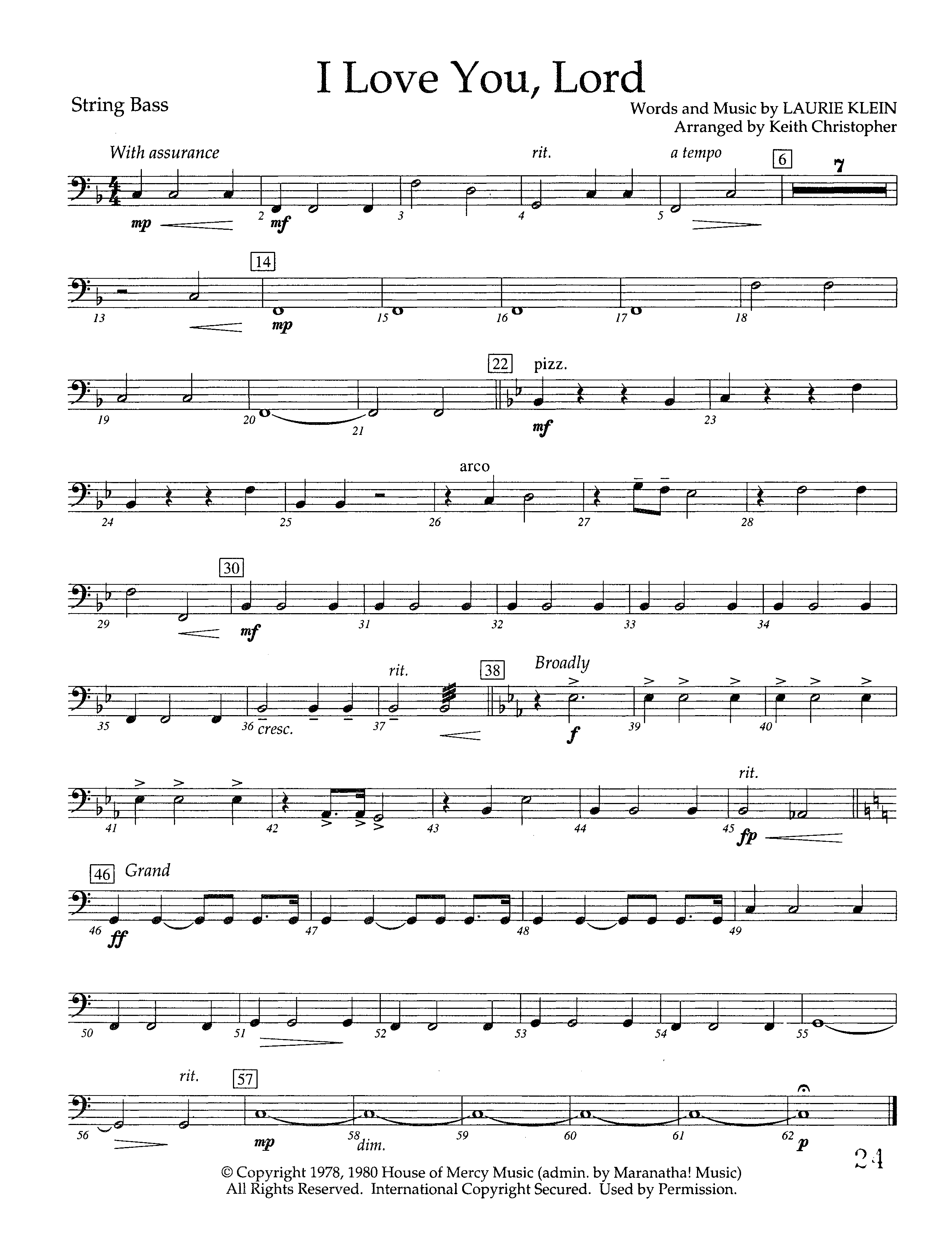 I Love You Lord (Instrumental) Double Bass (Lifeway Worship / Arr. Keith Christopher)