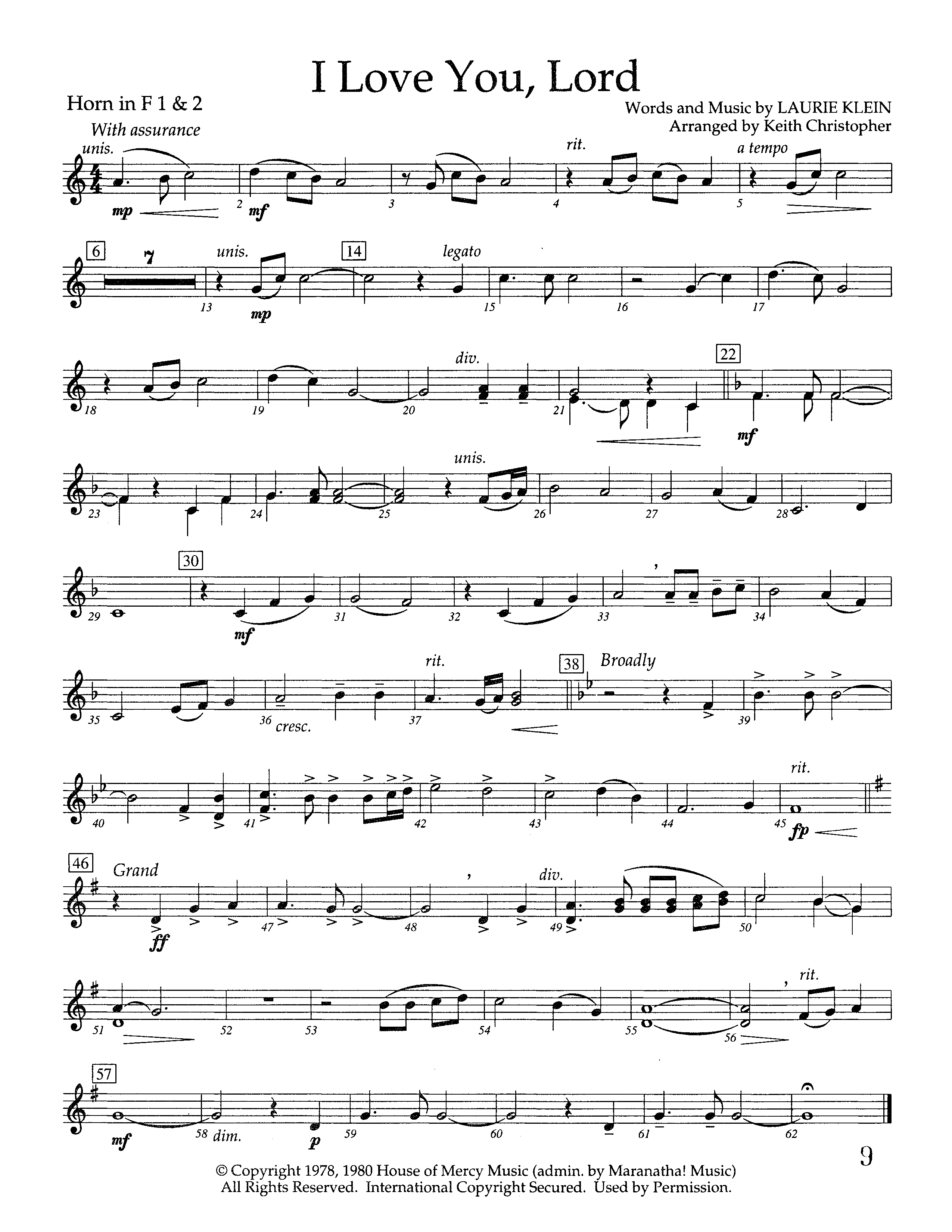 I Love You Lord (Instrumental) French Horn 1/2 (Lifeway Worship / Arr. Keith Christopher)