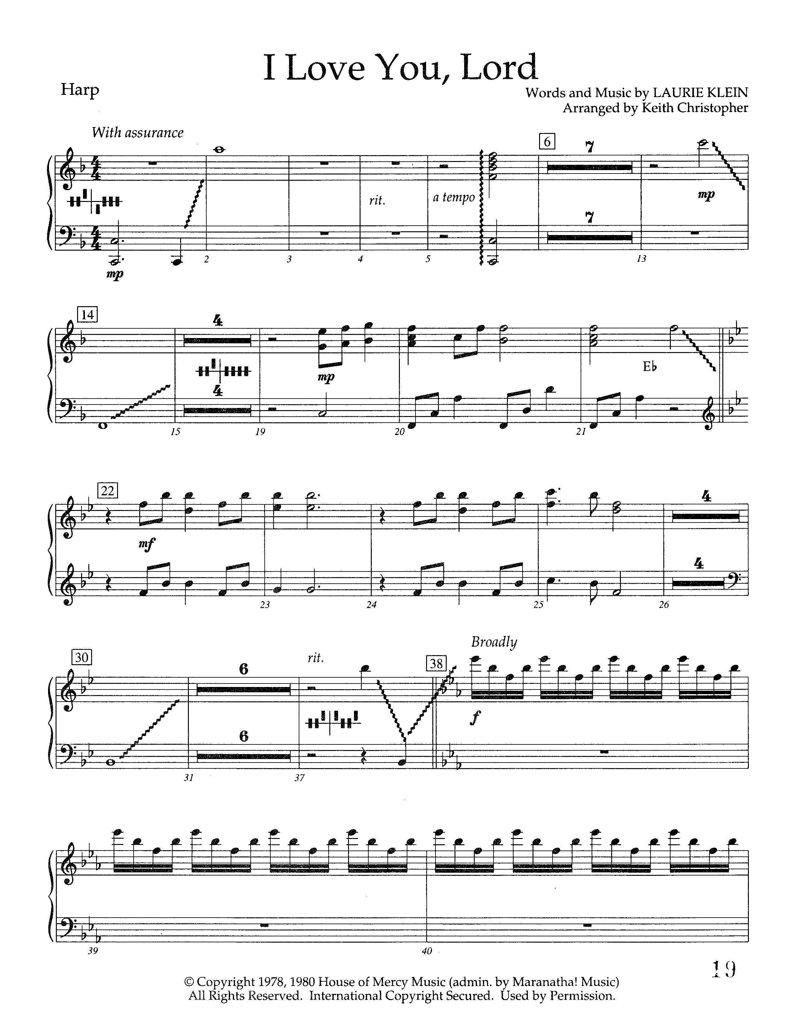 I Love You Lord (Instrumental) Harp (Lifeway Worship / Arr. Keith Christopher)