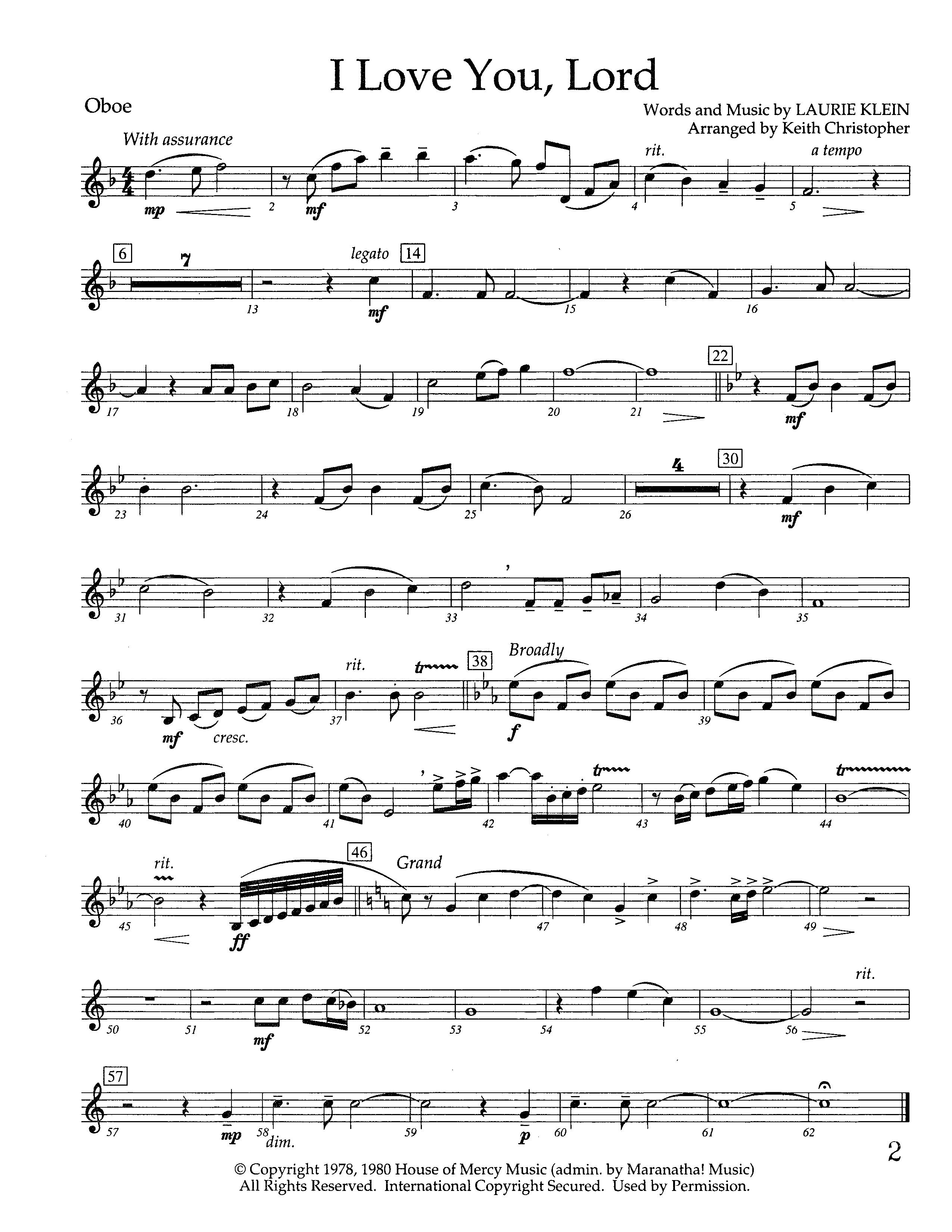 I Love You Lord (Instrumental) Oboe (Lifeway Worship / Arr. Keith Christopher)