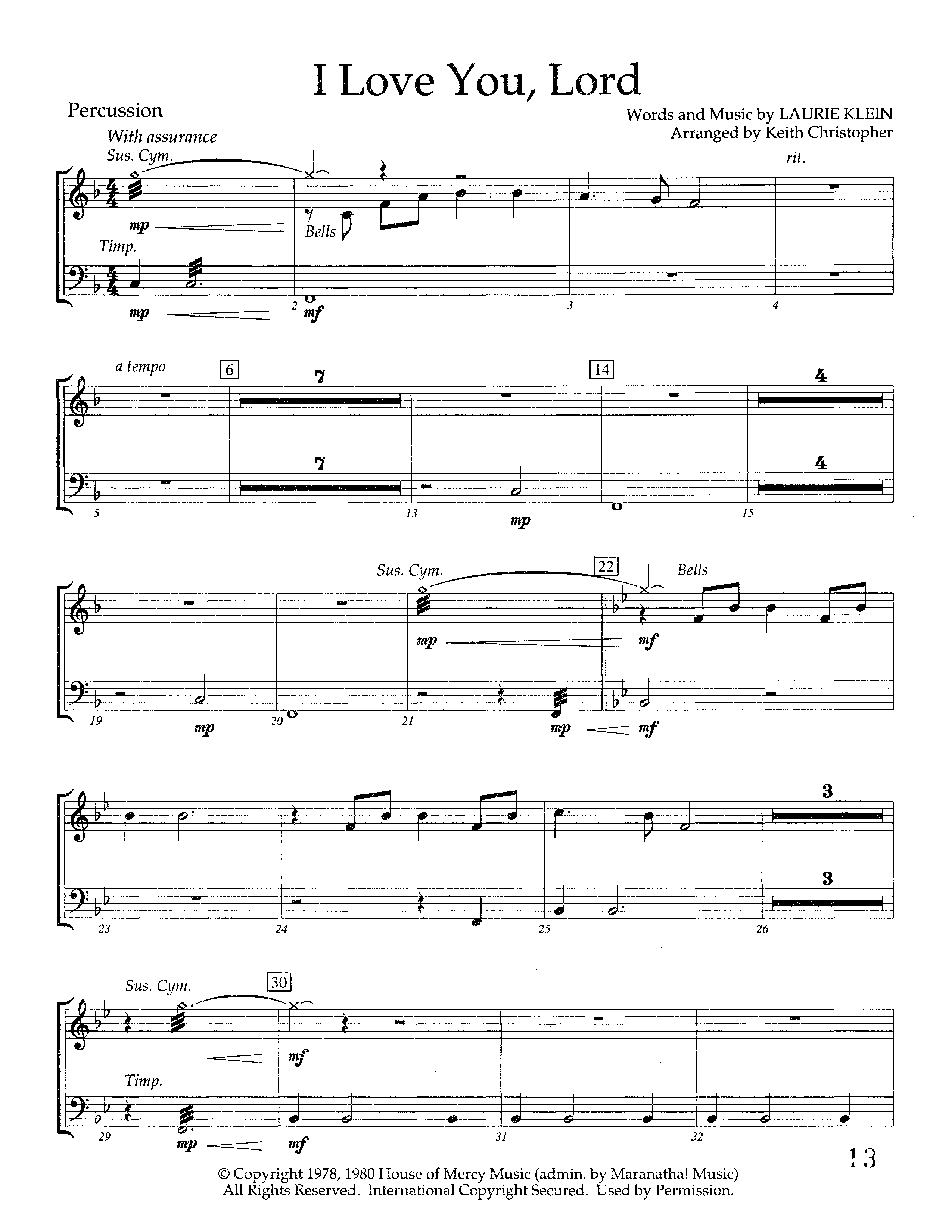 I Love You Lord (Instrumental) Percussion (Lifeway Worship / Arr. Keith Christopher)