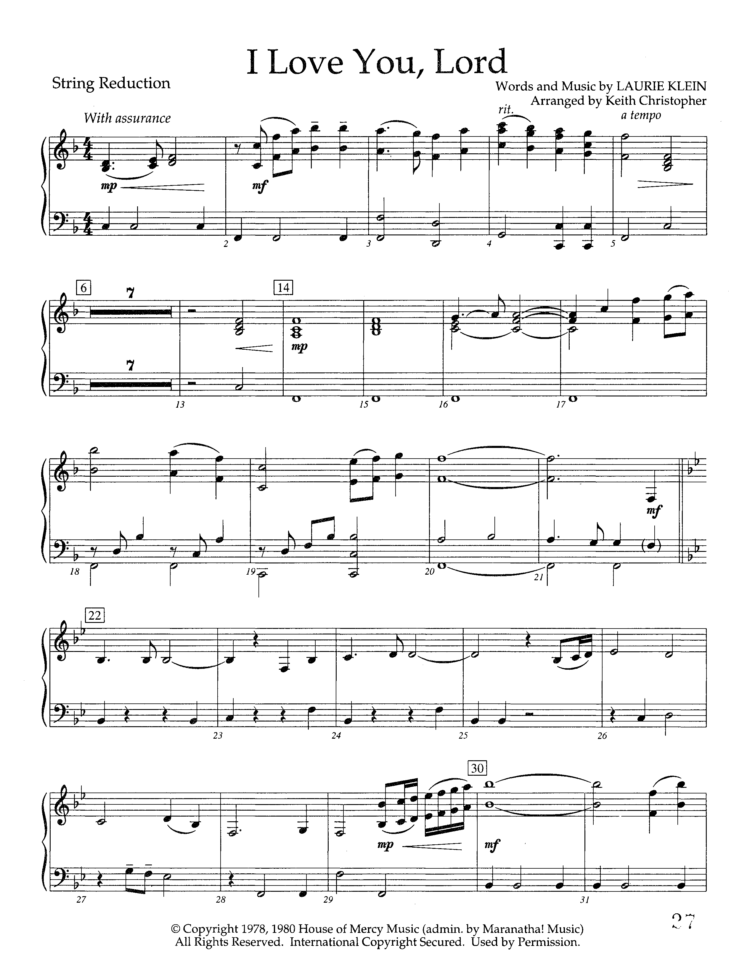 I Love You Lord (Instrumental) String Reduction (Lifeway Worship / Arr. Keith Christopher)