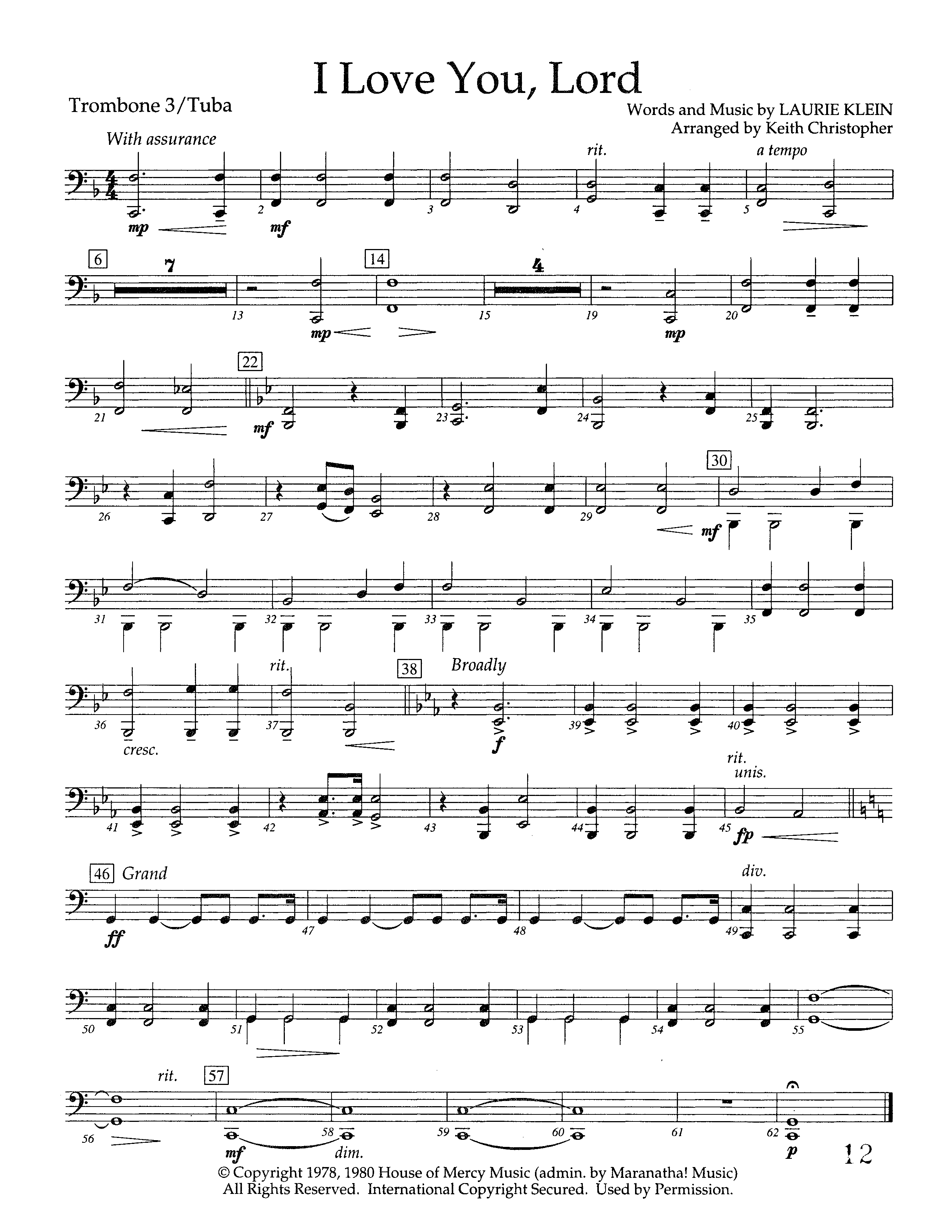 I Love You Lord (Instrumental) Trombone 3/Tuba (Lifeway Worship / Arr. Keith Christopher)