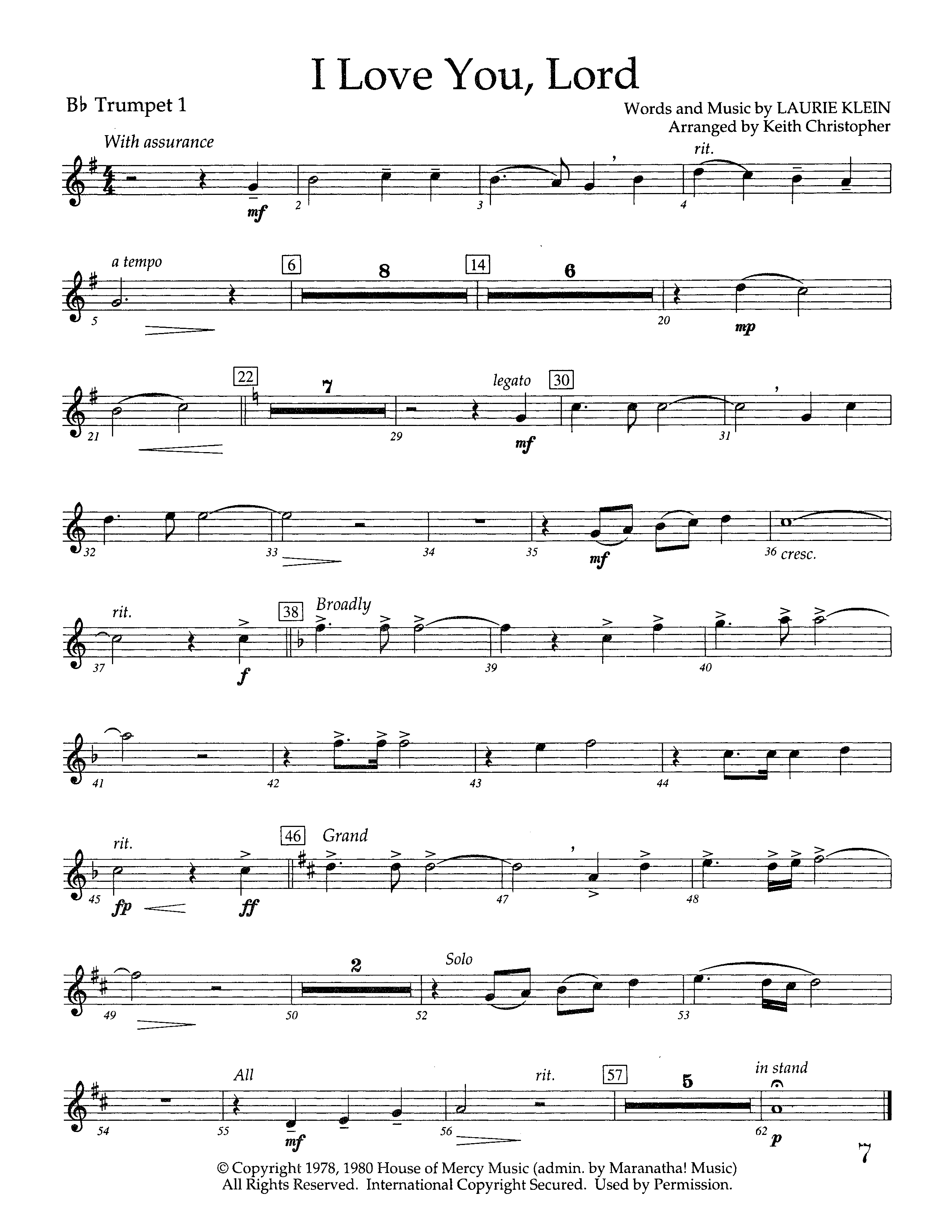 I Love You Lord (Instrumental) Trumpet 1 (Lifeway Worship / Arr. Keith Christopher)