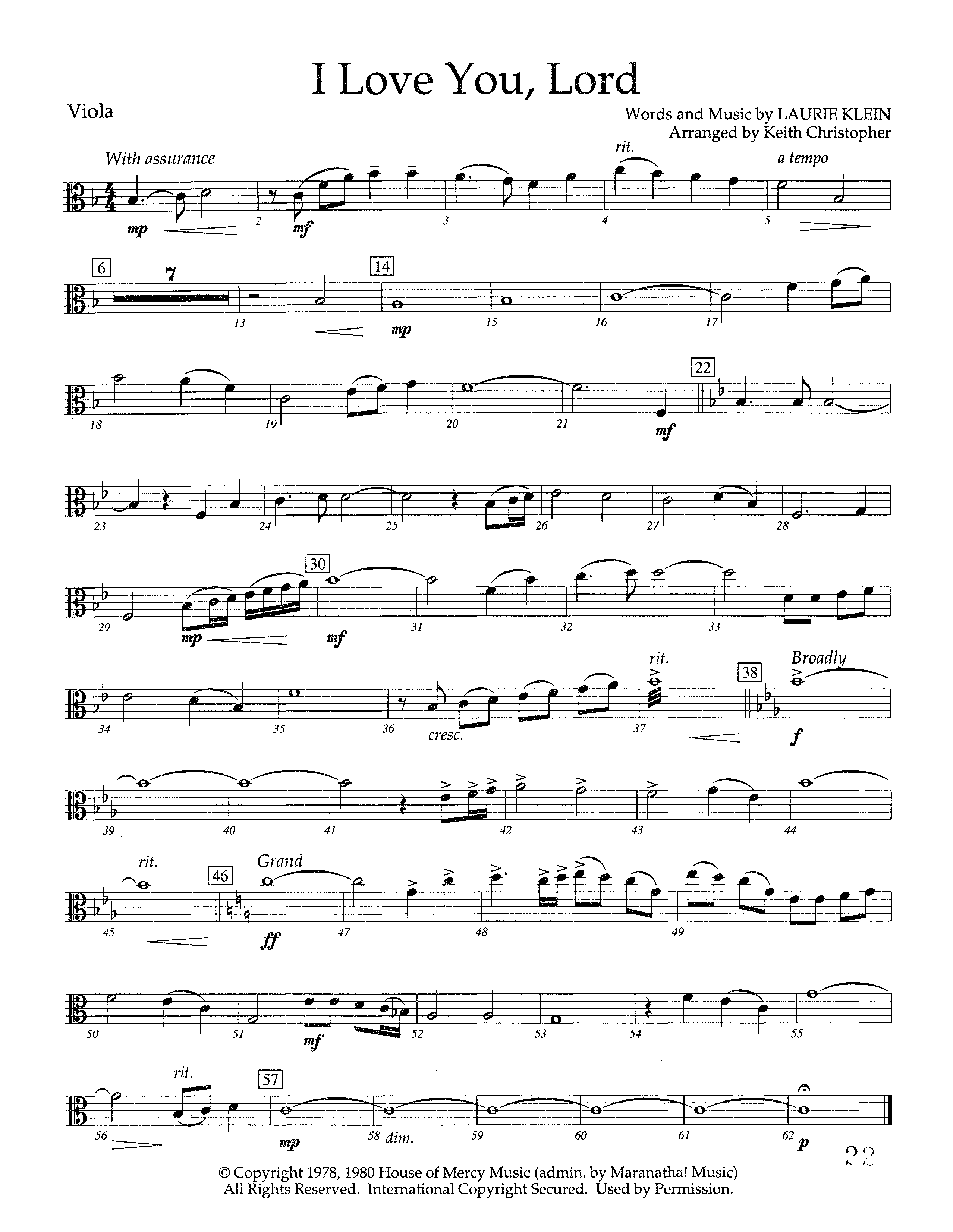 I Love You Lord (Instrumental) Viola (Lifeway Worship / Arr. Keith Christopher)