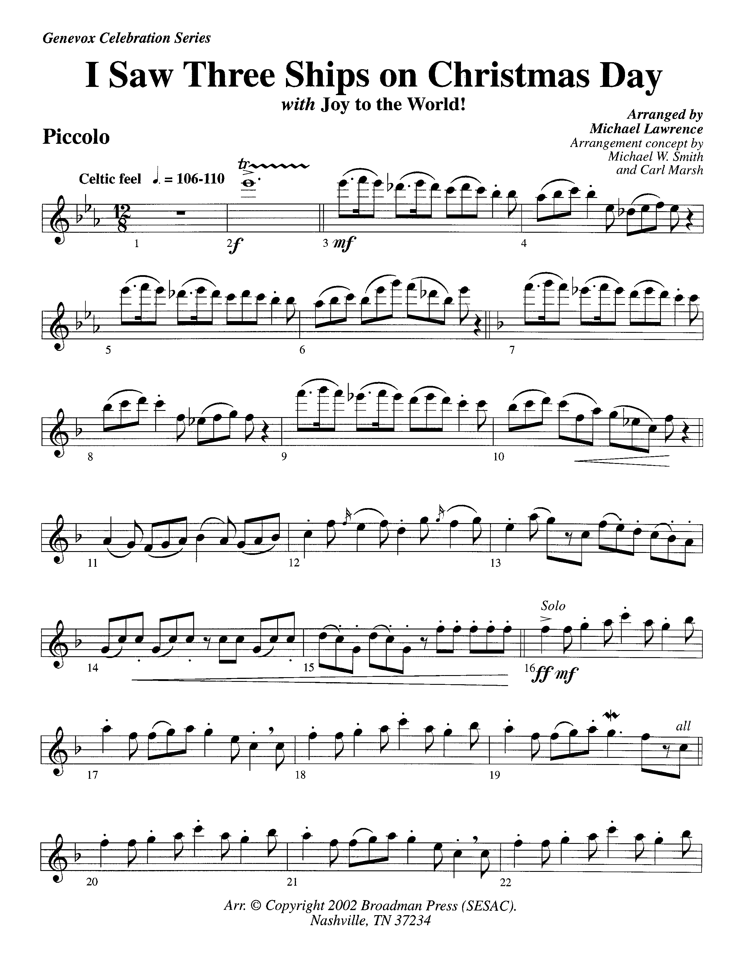 I Saw Three Ships On Christmas Day (with Joy To The World) (Instrumental) Flute/Piccolo (Lifeway Worship / Arr. Michael Lawrence)