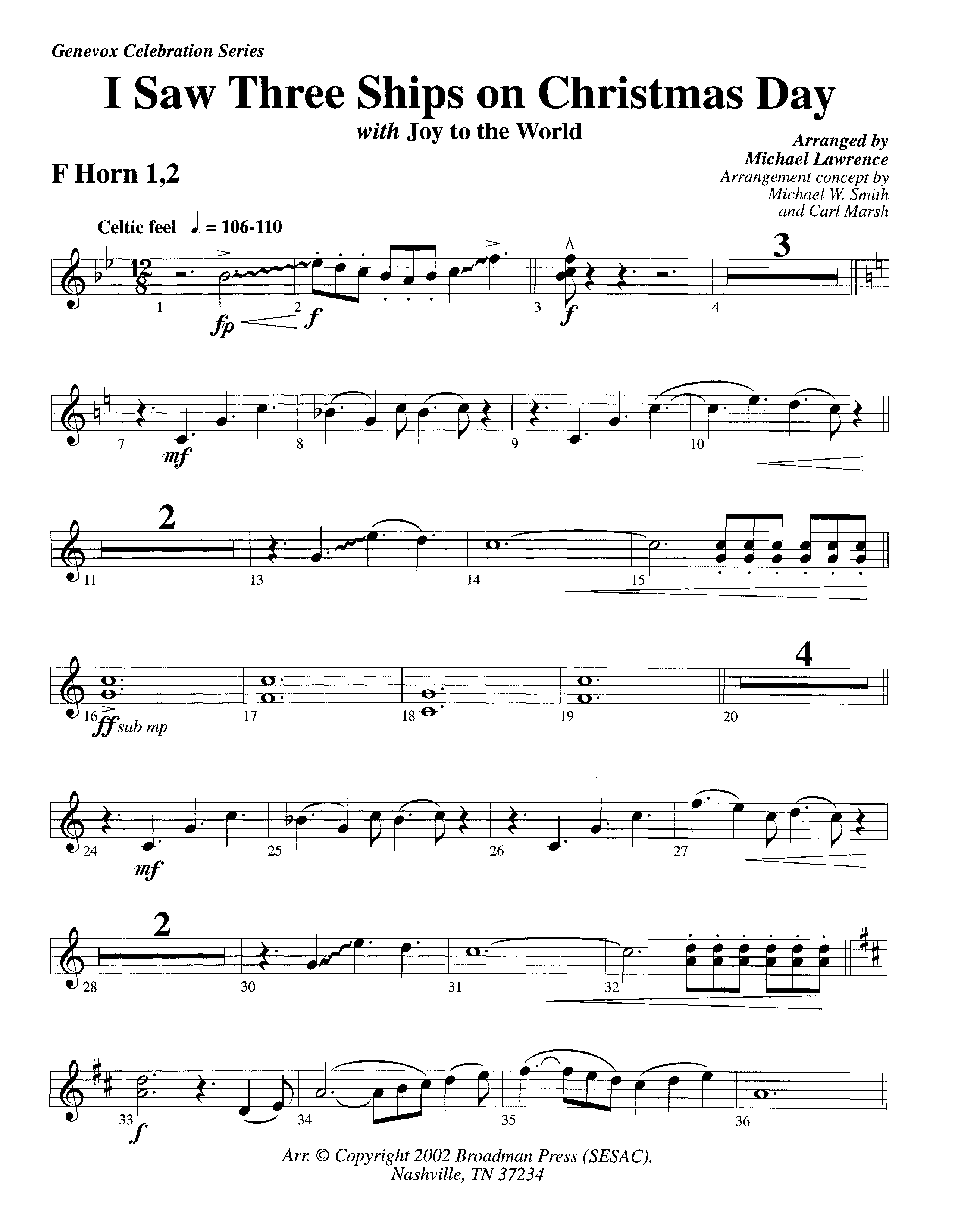 I Saw Three Ships On Christmas Day (with Joy To The World) (Instrumental) French Horn 1/2 (Lifeway Worship / Arr. Michael Lawrence)