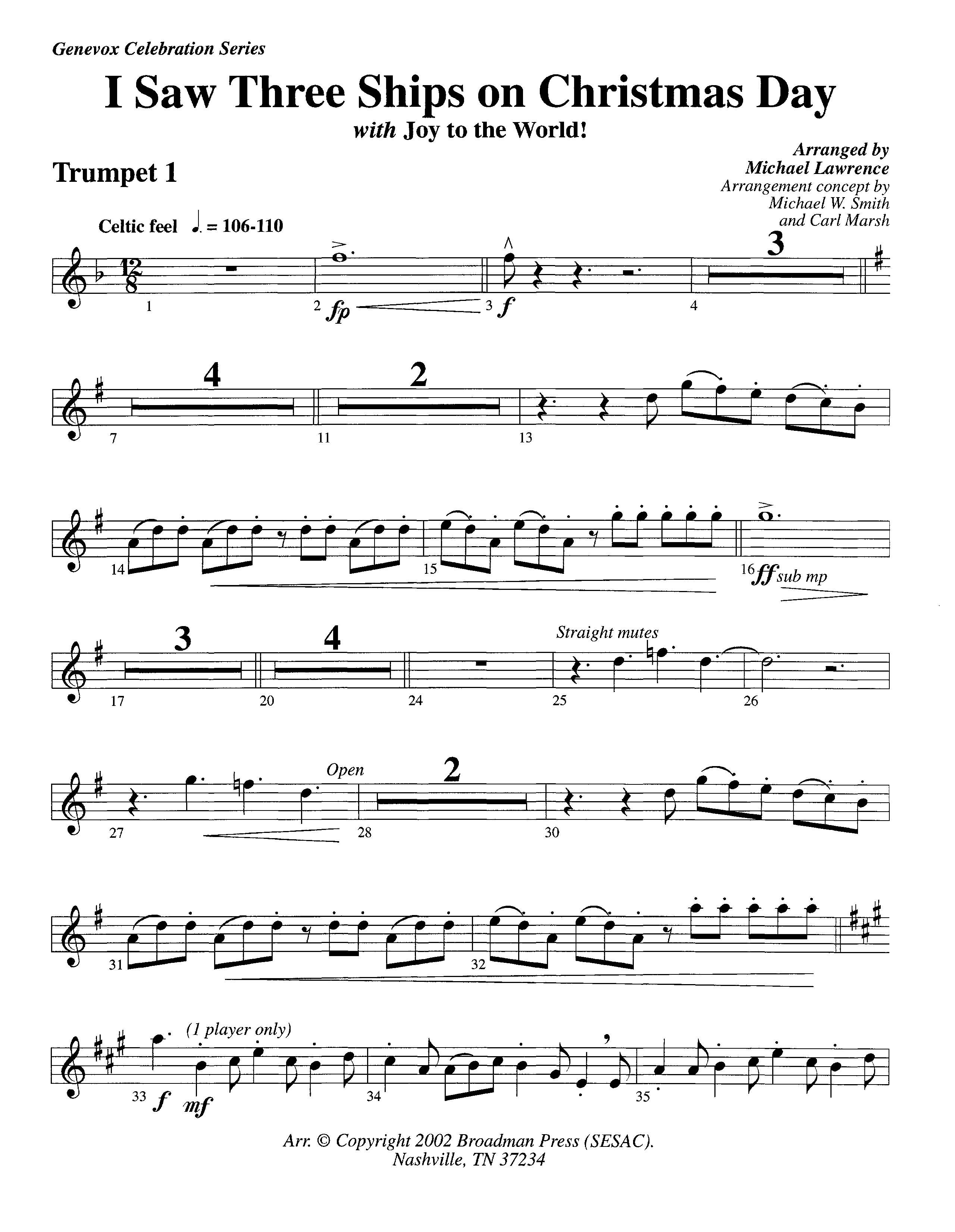 I Saw Three Ships On Christmas Day (with Joy To The World) (Instrumental) Trumpet 1 (Lifeway Worship / Arr. Michael Lawrence)