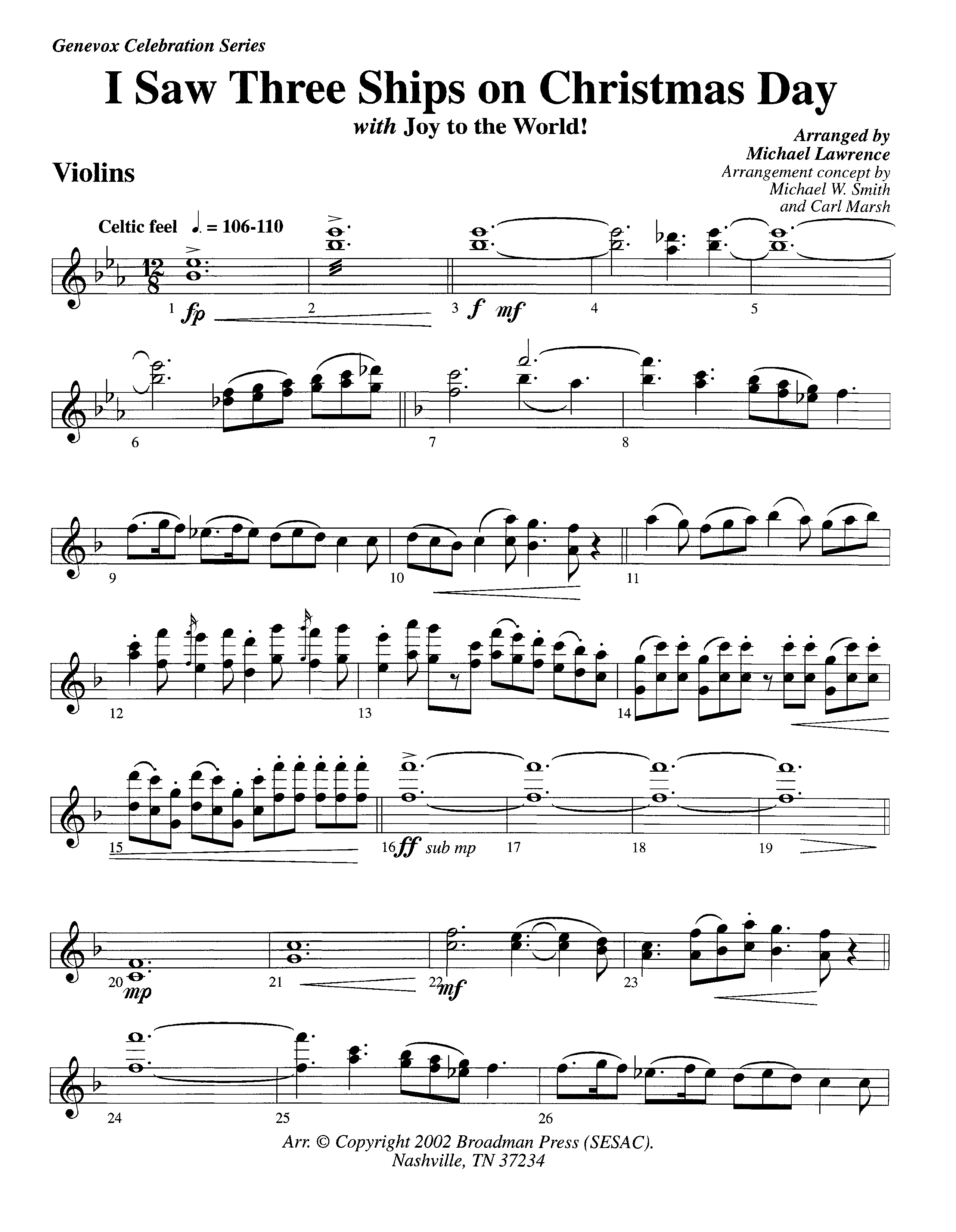 I Saw Three Ships On Christmas Day (with Joy To The World) (Instrumental) Violin 1/2 (Lifeway Worship / Arr. Michael Lawrence)