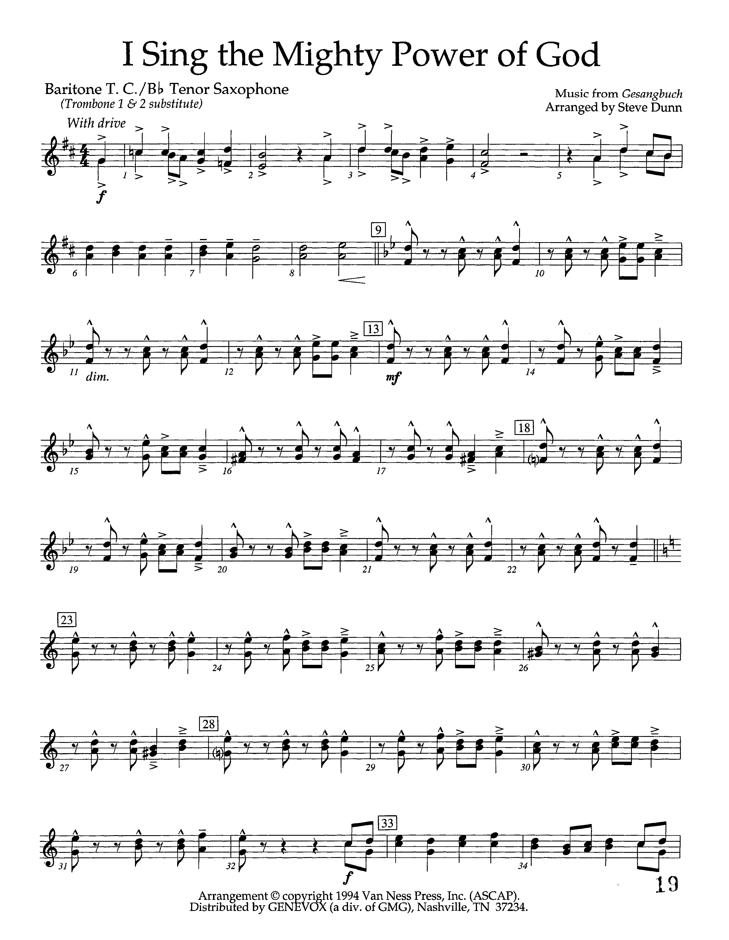 I Sing The Mighty Power Of God (Instrumental) Tenor Sax/Baritone T.C. (Lifeway Worship / Arr. Steve Dunn)