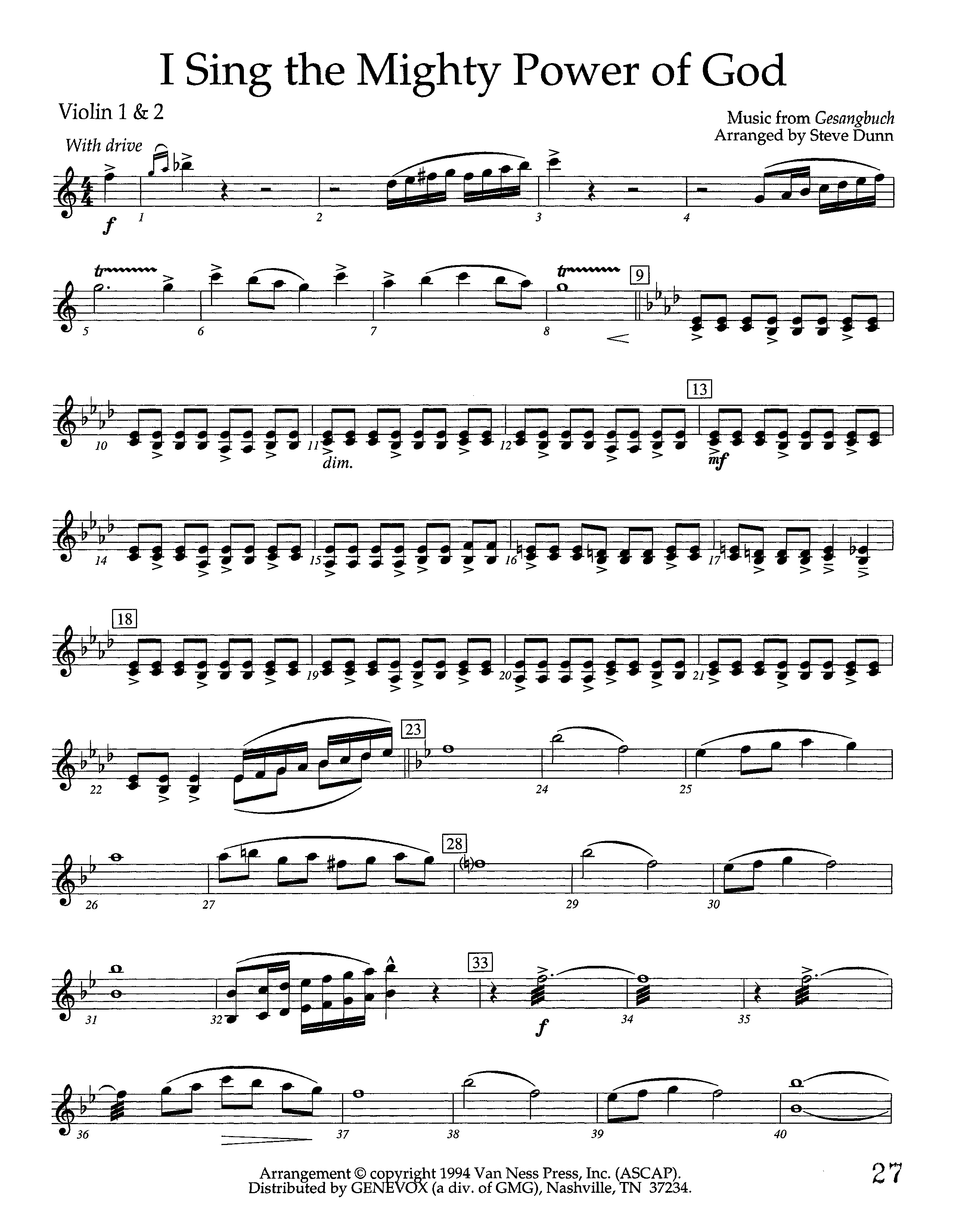 I Sing The Mighty Power Of God (Instrumental) Violin 1/2 (Lifeway Worship / Arr. Steve Dunn)