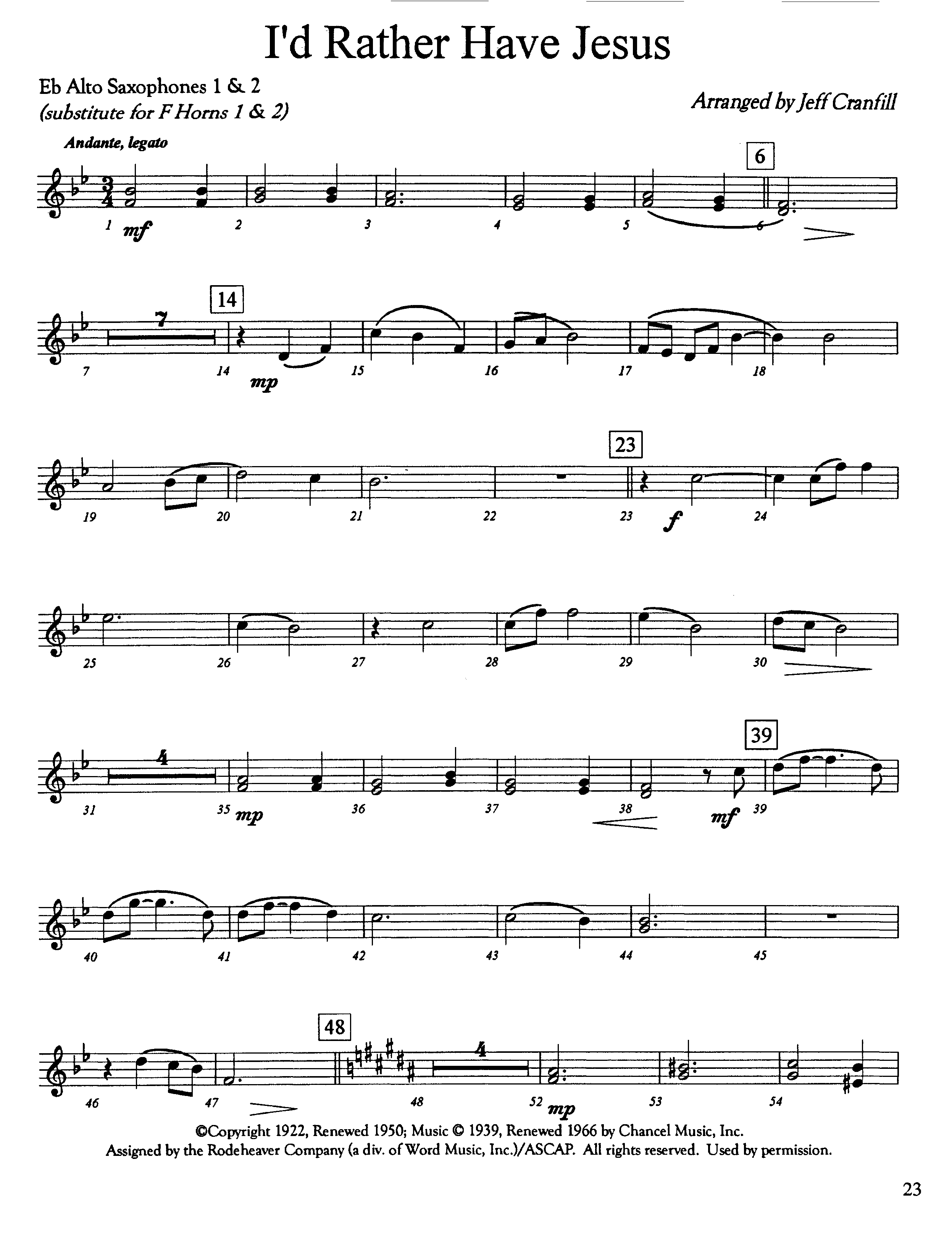 I'd Rather Have Jesus (Instrumental) Alto Sax 1/2 (Lifeway Worship / Arr. Jeff Cranfill)
