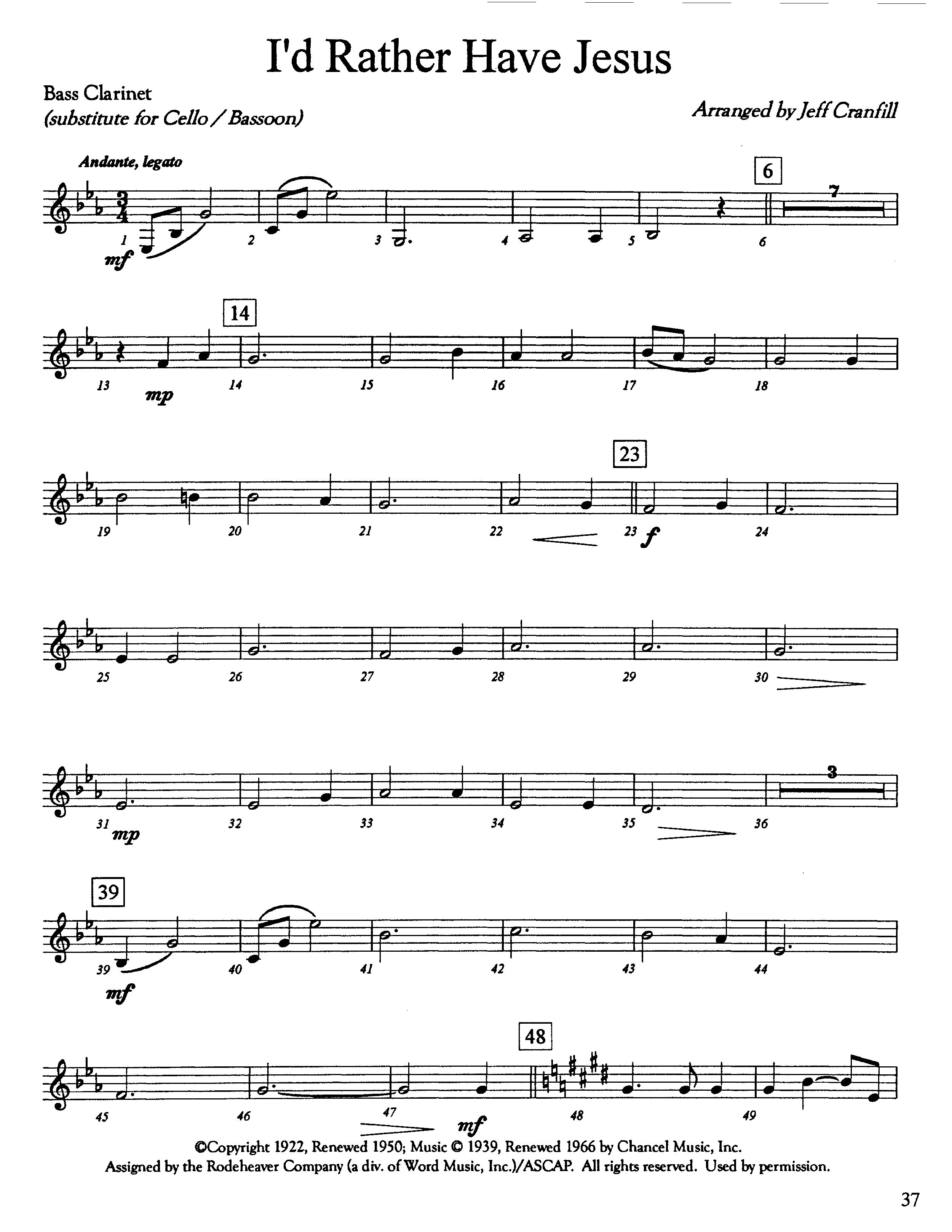 I'd Rather Have Jesus (Instrumental) Bass Clarinet (Lifeway Worship / Arr. Jeff Cranfill)