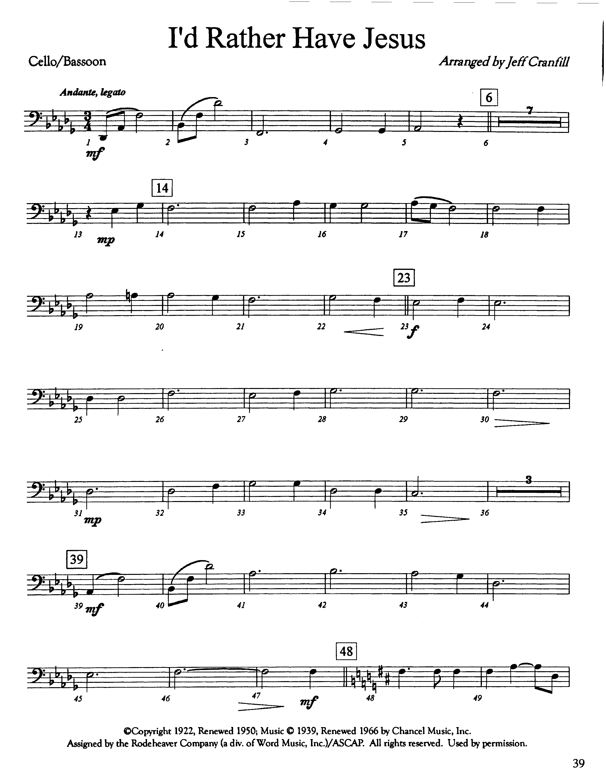 I'd Rather Have Jesus (Instrumental) Cello (Lifeway Worship / Arr. Jeff Cranfill)