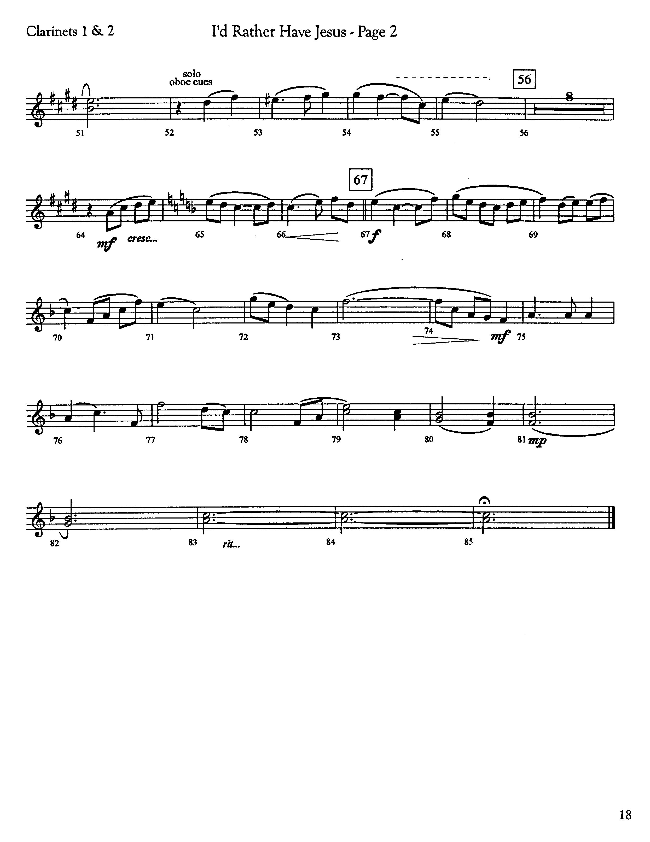 I'd Rather Have Jesus (Instrumental) Clarinet 1/2 (Lifeway Worship / Arr. Jeff Cranfill)