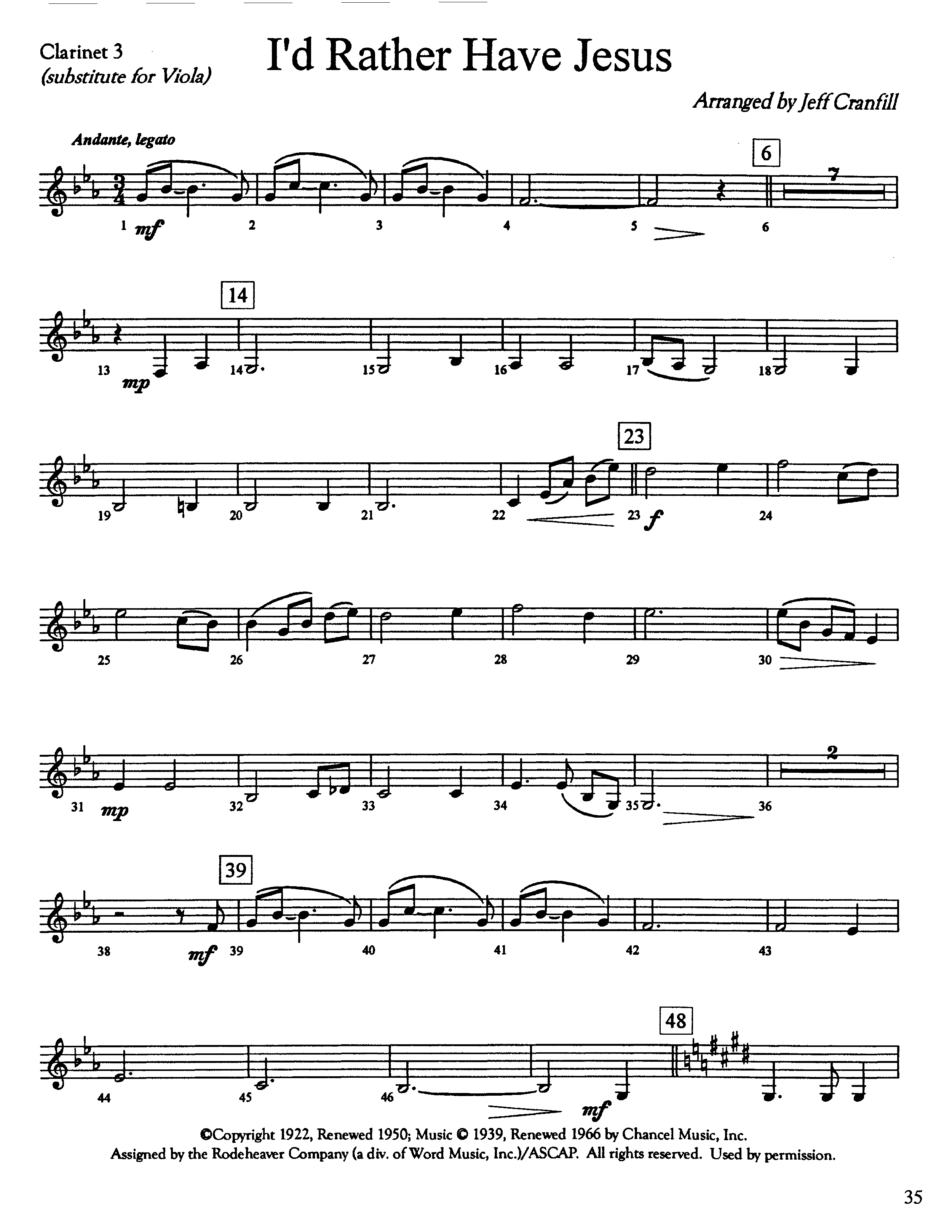 I'd Rather Have Jesus (Instrumental) Clarinet 3 (Lifeway Worship / Arr. Jeff Cranfill)