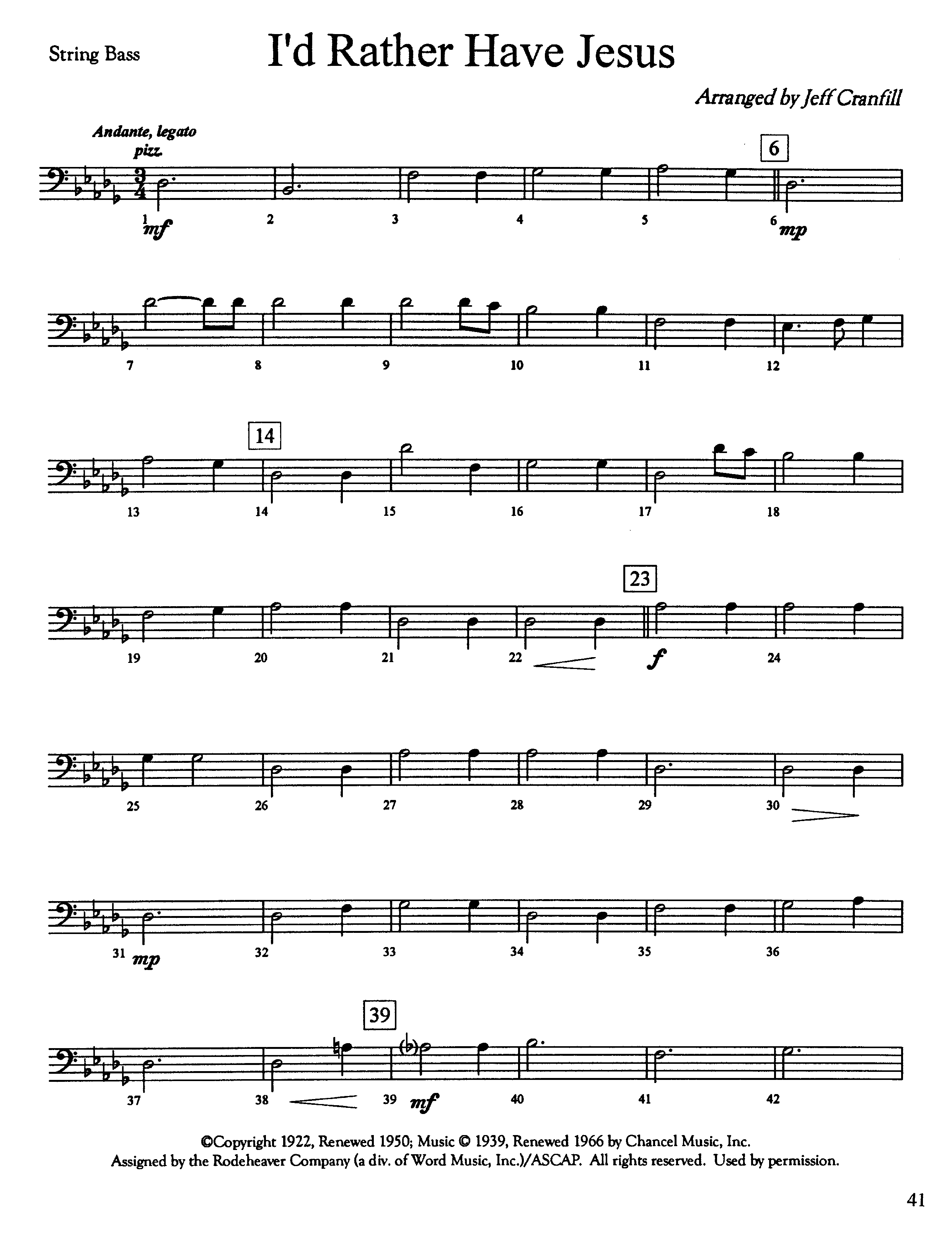 I'd Rather Have Jesus (Instrumental) Double Bass (Lifeway Worship / Arr. Jeff Cranfill)