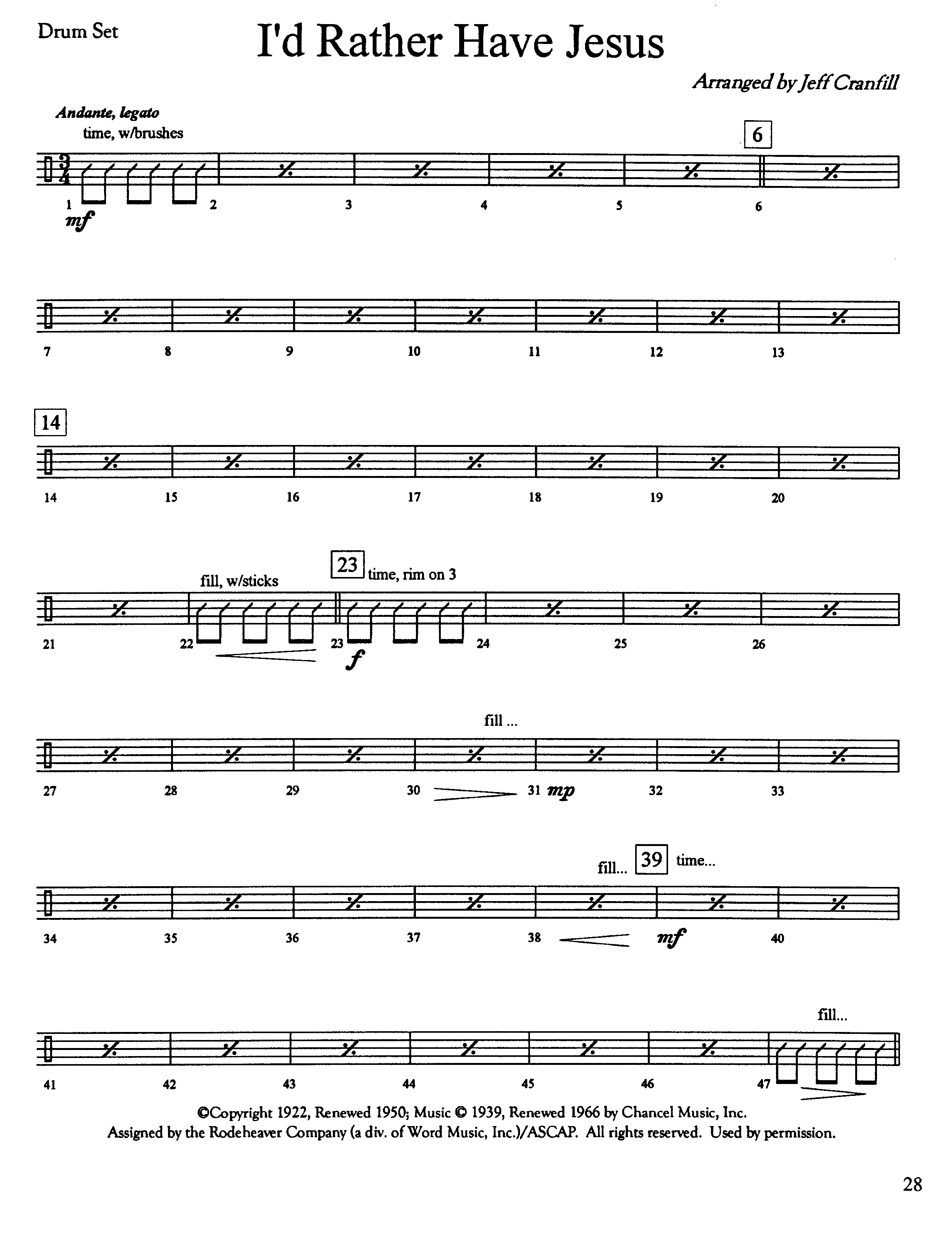 I'd Rather Have Jesus (Instrumental) Drum Set (Lifeway Worship / Arr. Jeff Cranfill)