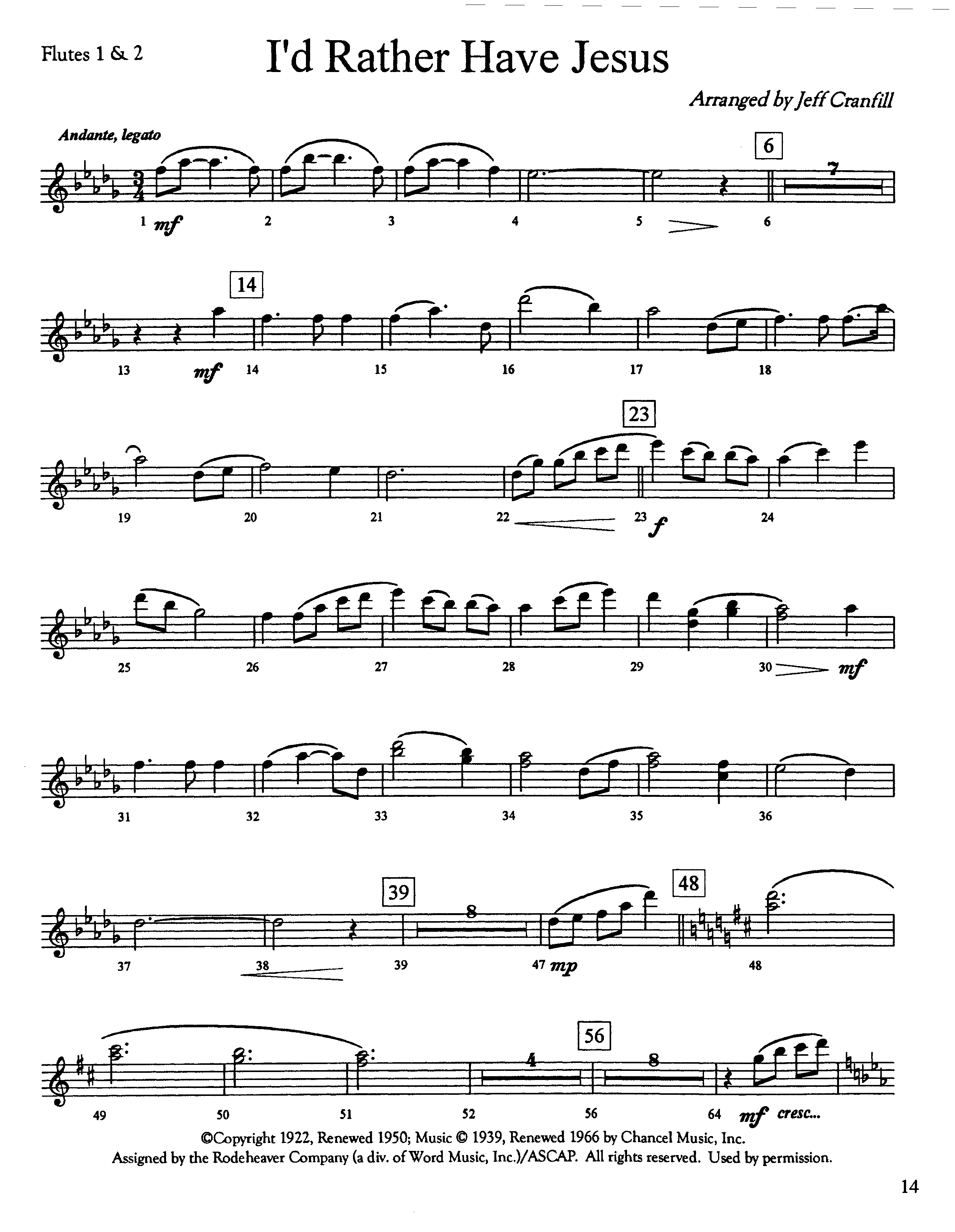 I'd Rather Have Jesus (Instrumental) Flute 1/2 (Lifeway Worship / Arr. Jeff Cranfill)