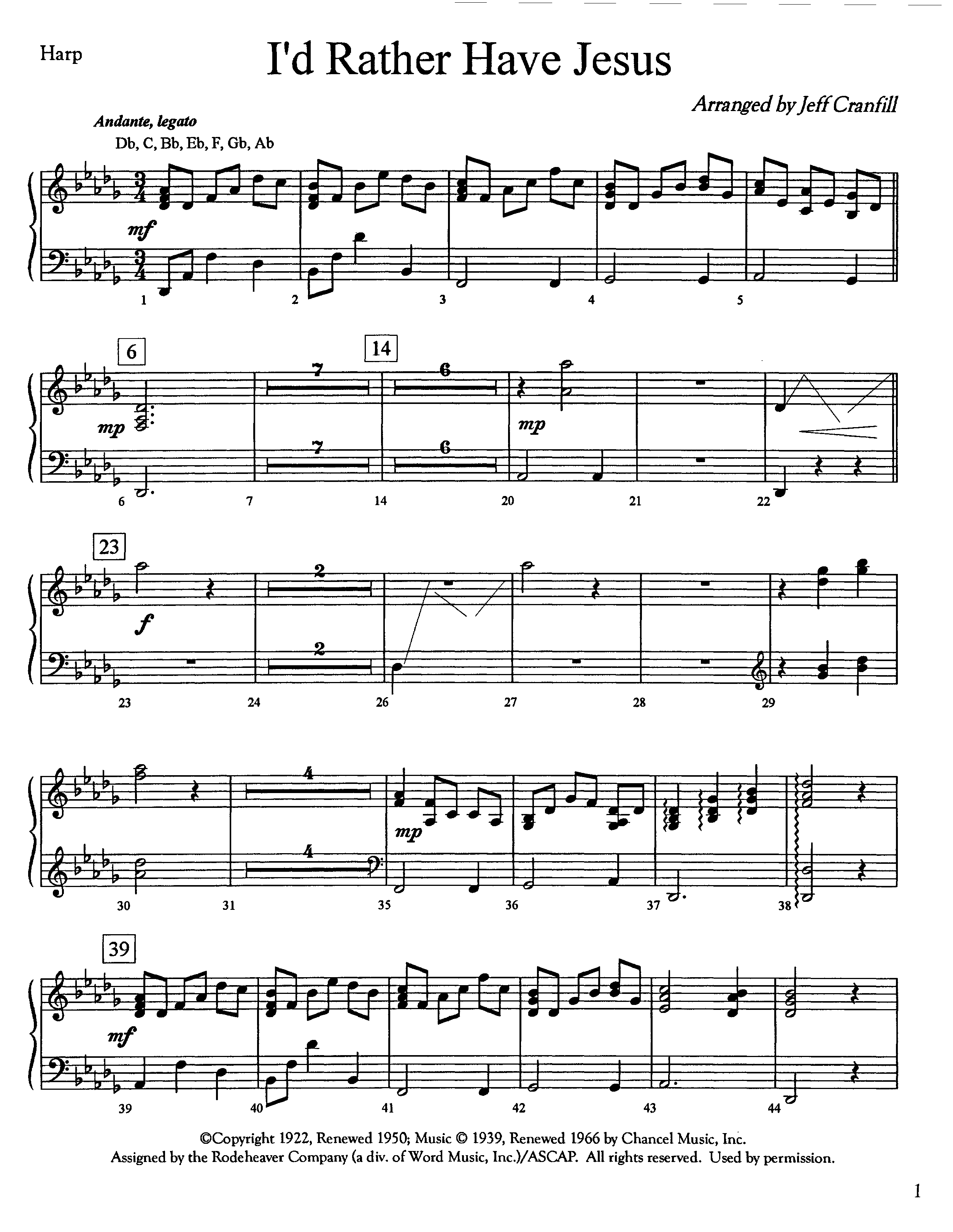 I'd Rather Have Jesus (Instrumental) Harp (Lifeway Worship / Arr. Jeff Cranfill)