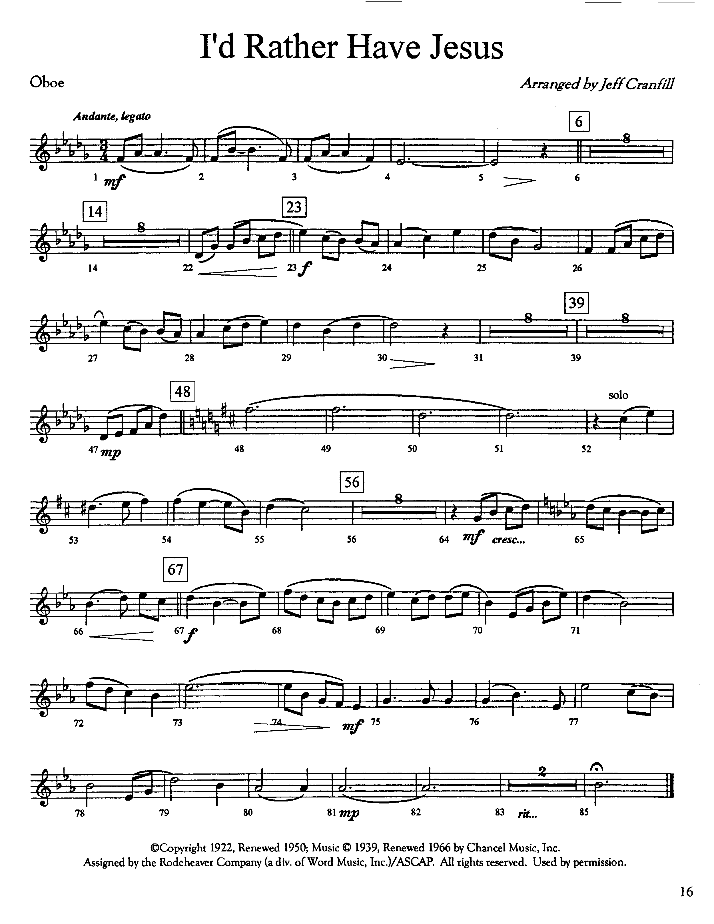 I'd Rather Have Jesus (Instrumental) Oboe (Lifeway Worship / Arr. Jeff Cranfill)