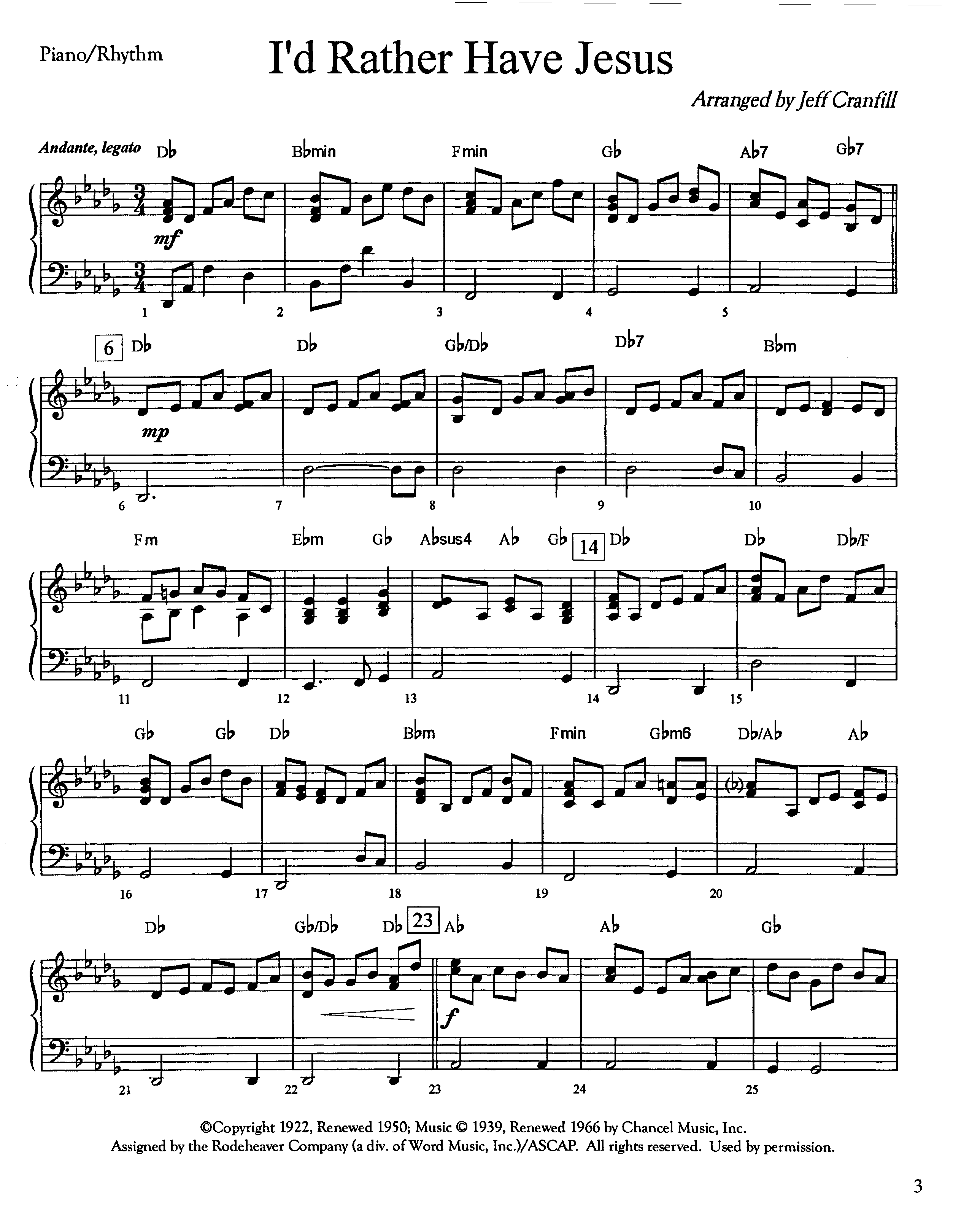 I'd Rather Have Jesus (Instrumental) Piano Sheet (Lifeway Worship / Arr. Jeff Cranfill)