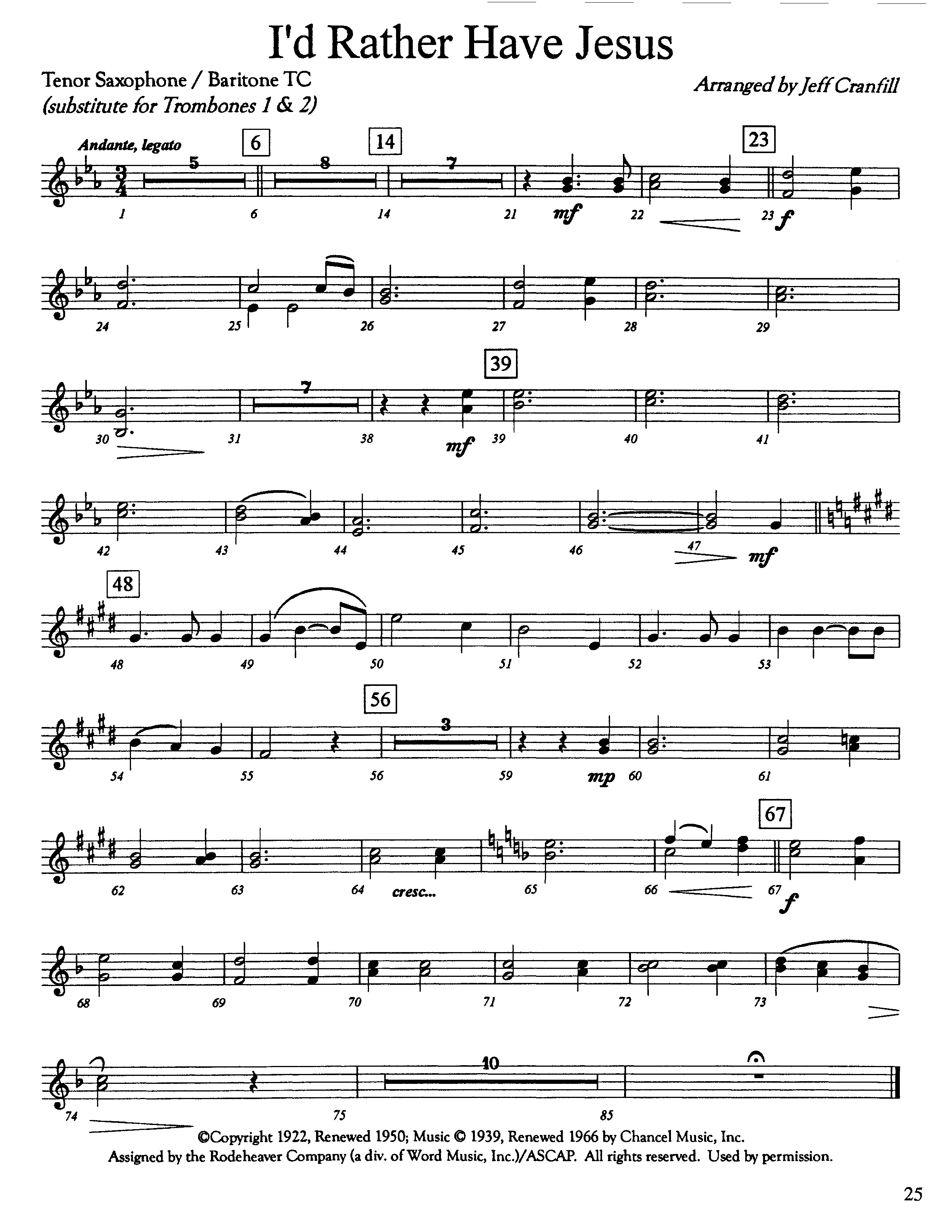 I'd Rather Have Jesus (Instrumental) Tenor Sax/Baritone T.C. (Lifeway Worship / Arr. Jeff Cranfill)