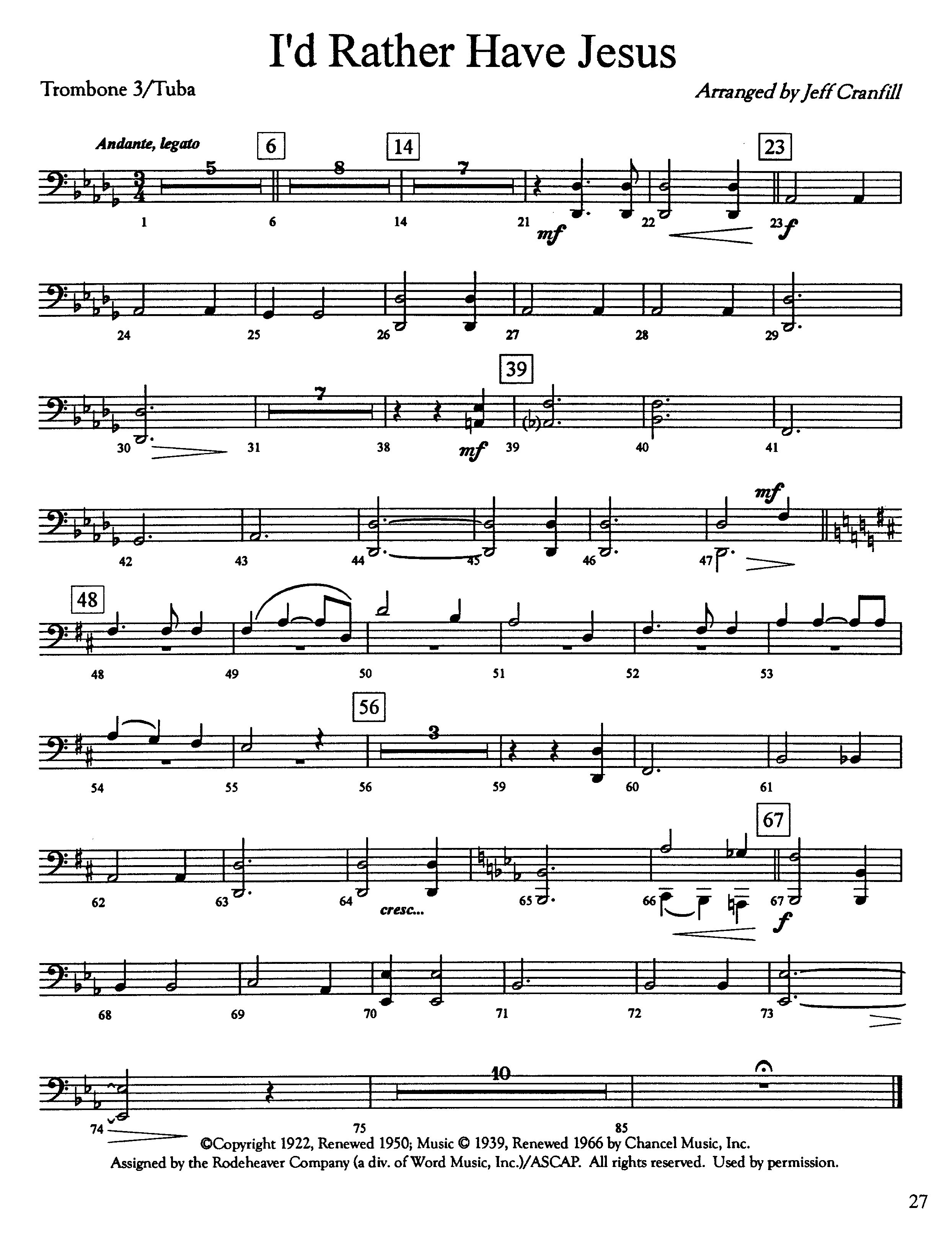 I'd Rather Have Jesus (Instrumental) Trombone 3/Tuba (Lifeway Worship / Arr. Jeff Cranfill)