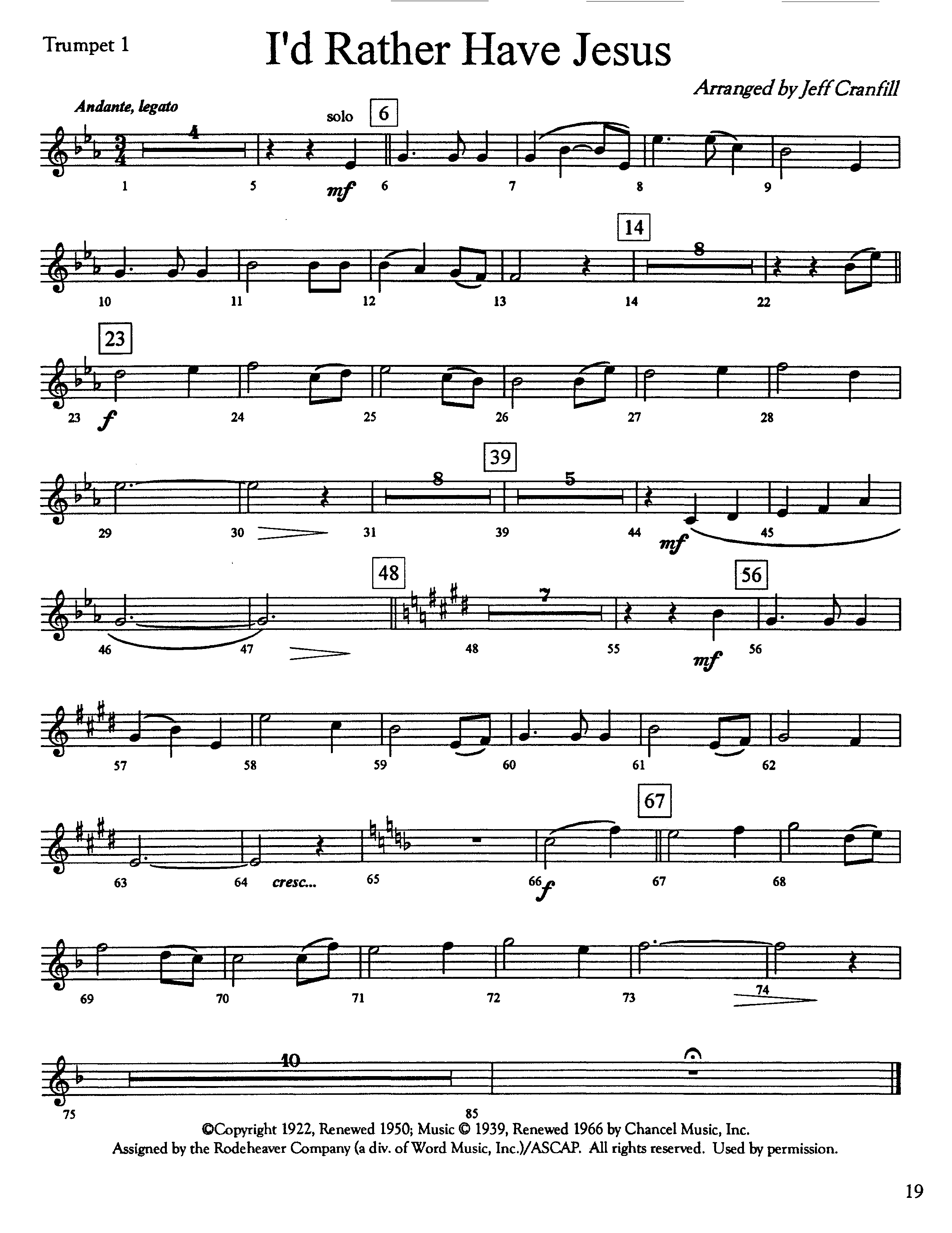 I'd Rather Have Jesus (Instrumental) Trumpet 1 (Lifeway Worship / Arr. Jeff Cranfill)