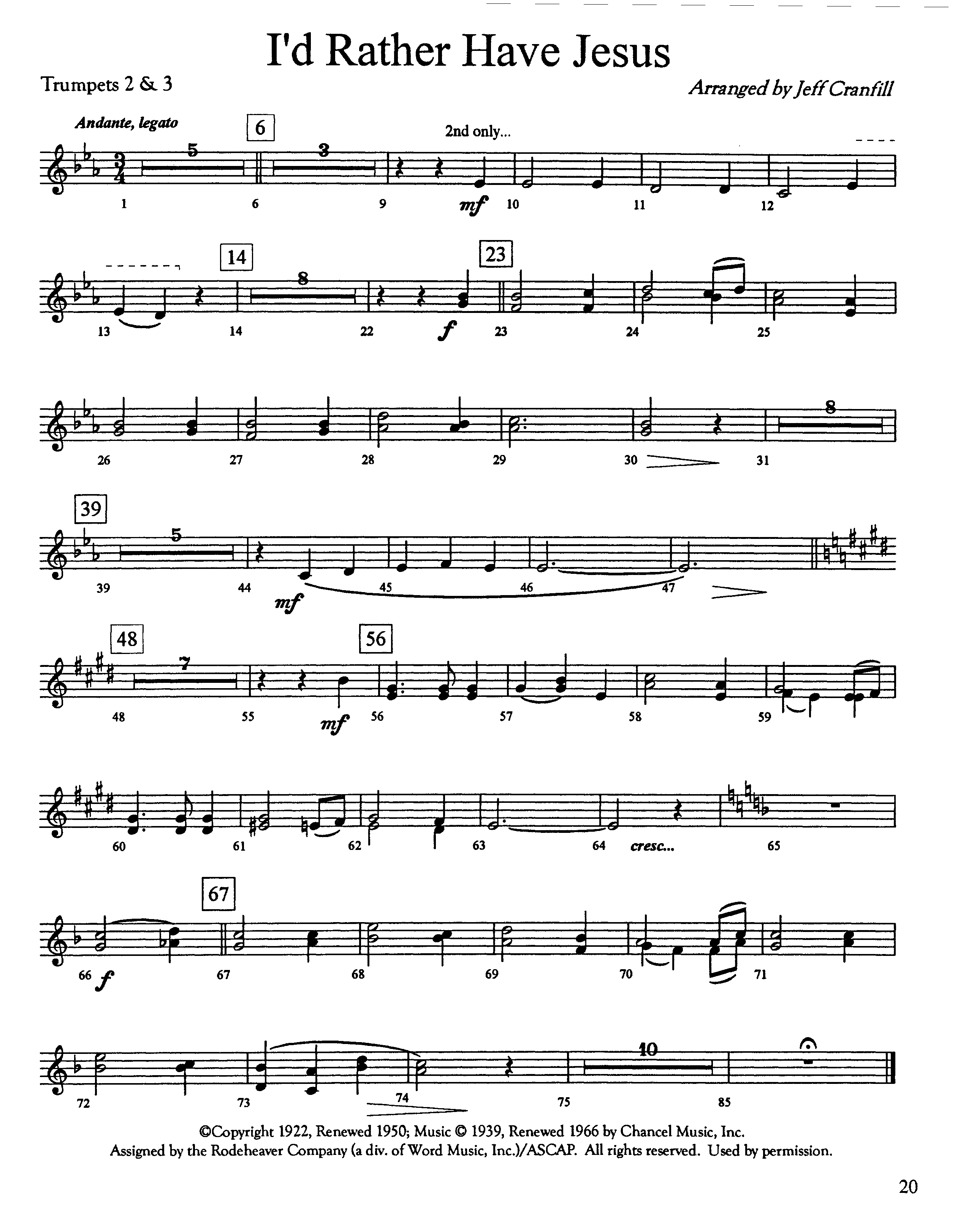 I'd Rather Have Jesus (Instrumental) Trumpet 2/3 (Lifeway Worship / Arr. Jeff Cranfill)