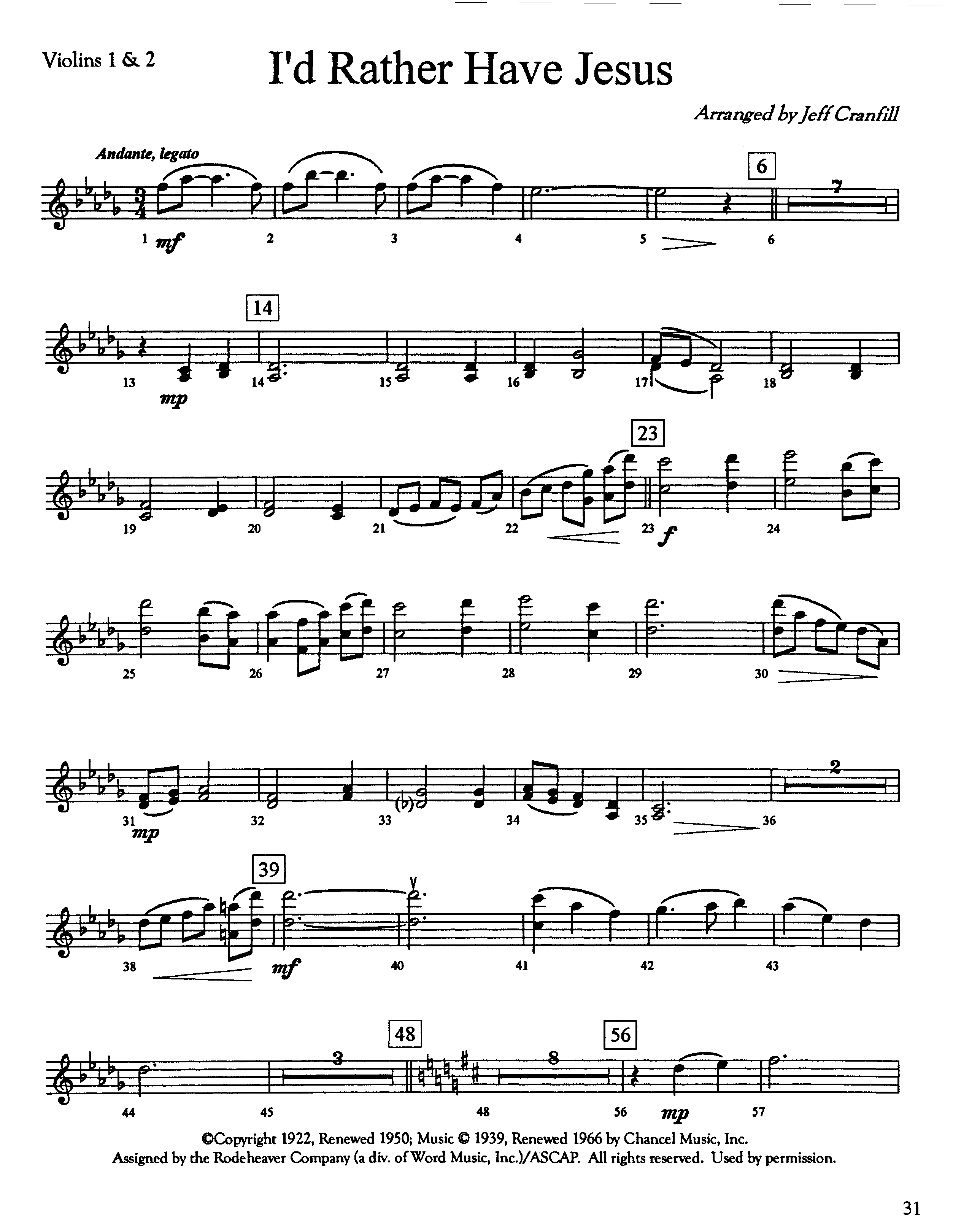 I'd Rather Have Jesus (Instrumental) Violin 1/2 (Lifeway Worship / Arr. Jeff Cranfill)