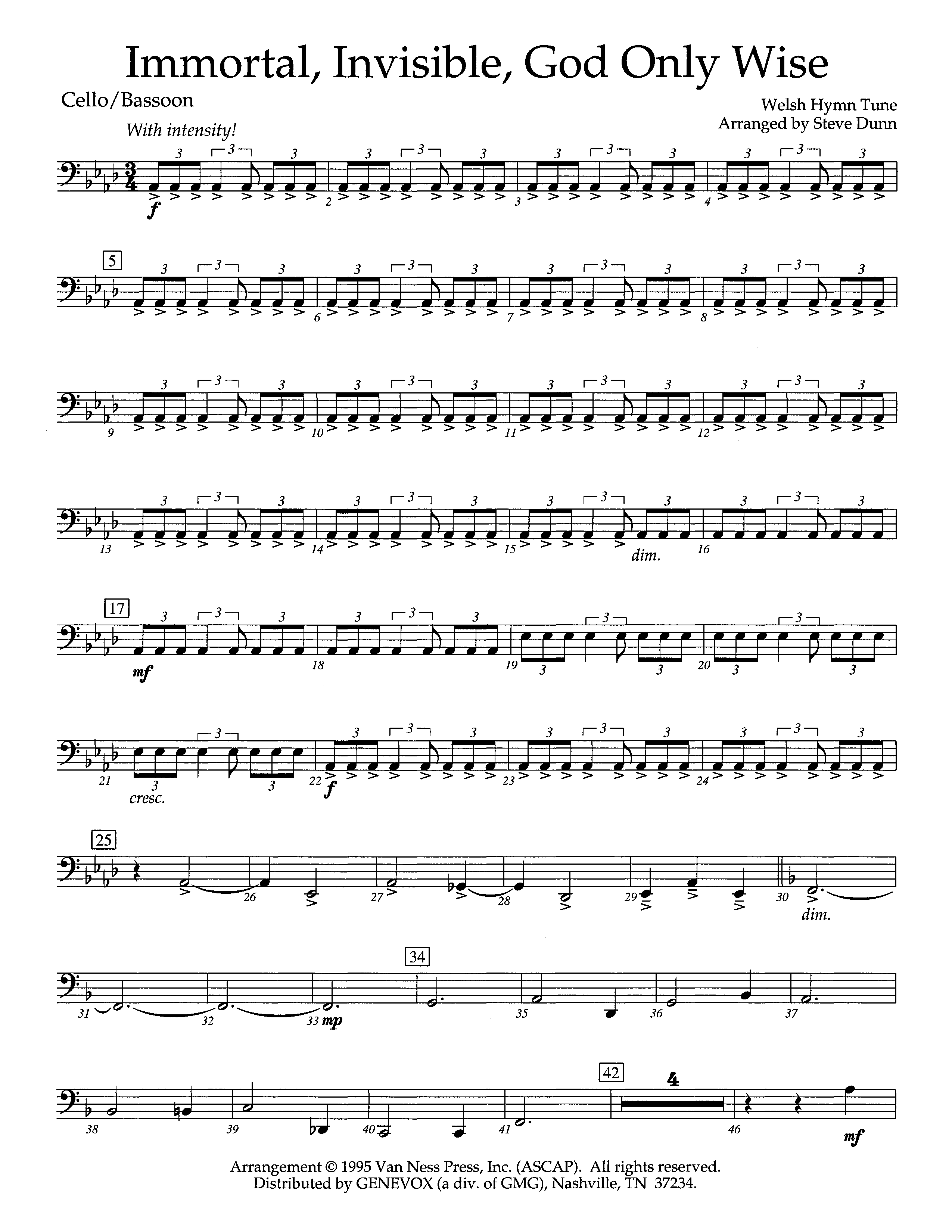 Immortal Invisible God Only Wise (Instrumental) Cello (Lifeway Worship / Arr. Steve Dunn)