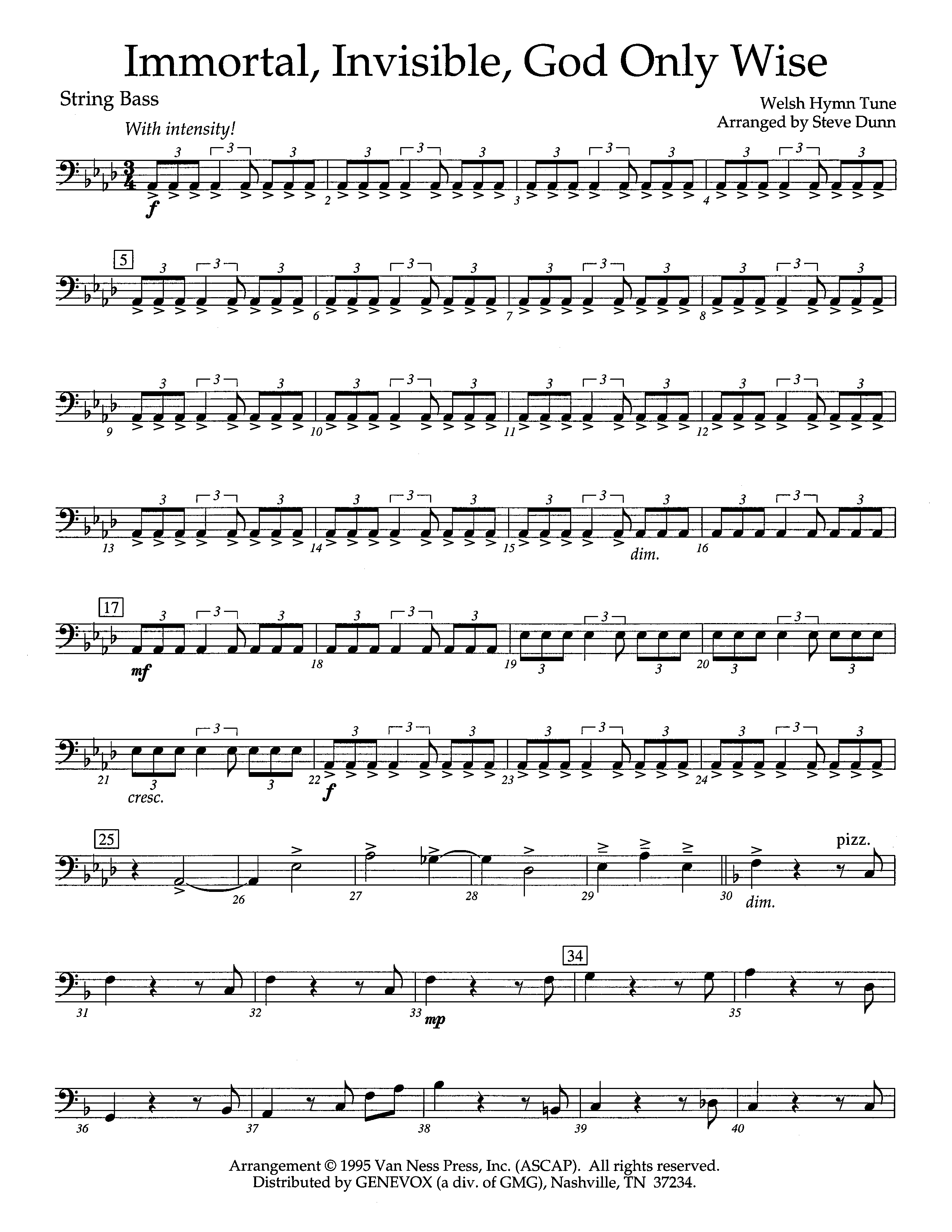 Immortal Invisible God Only Wise (Instrumental) Double Bass (Lifeway Worship / Arr. Steve Dunn)