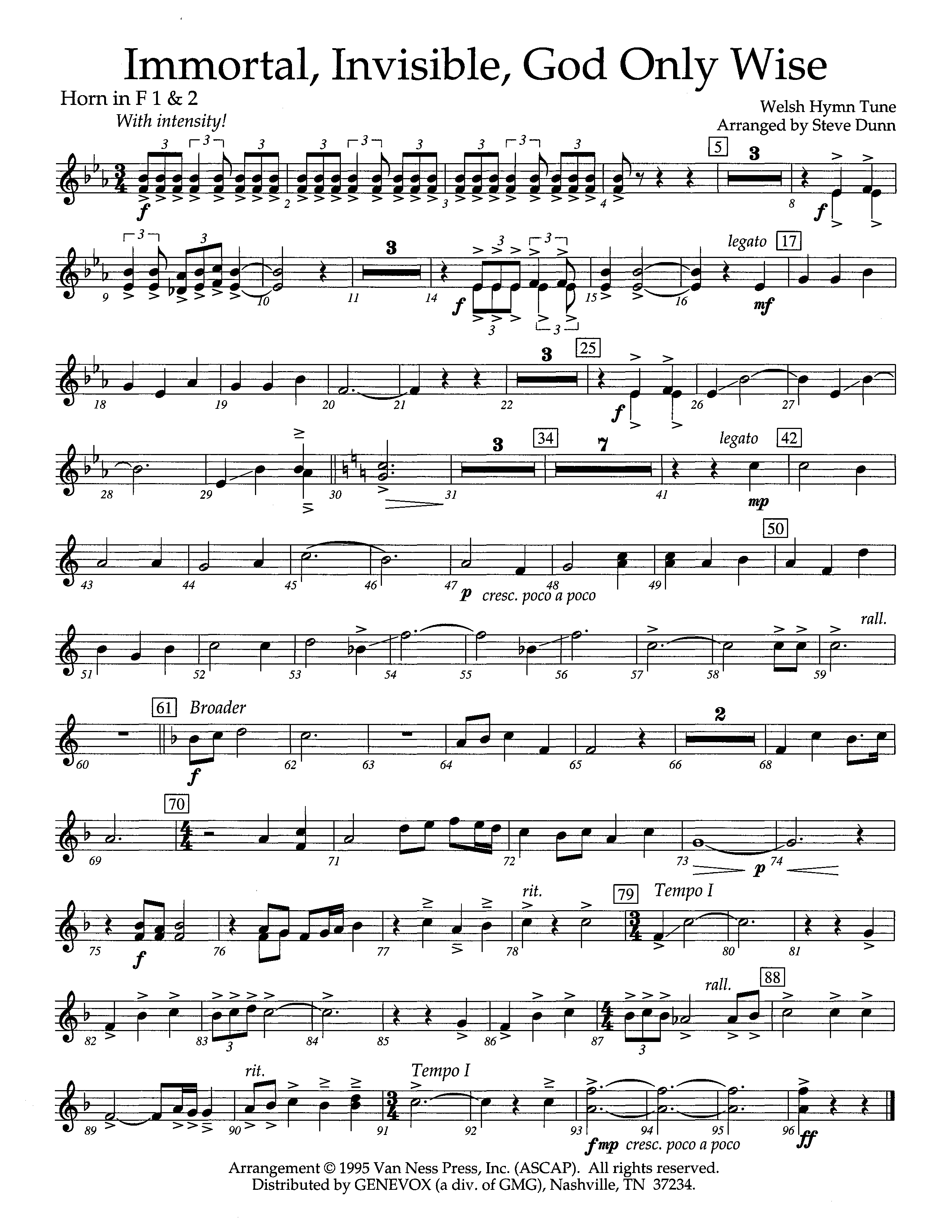 Immortal Invisible God Only Wise (Instrumental) French Horn 1/2 (Lifeway Worship / Arr. Steve Dunn)