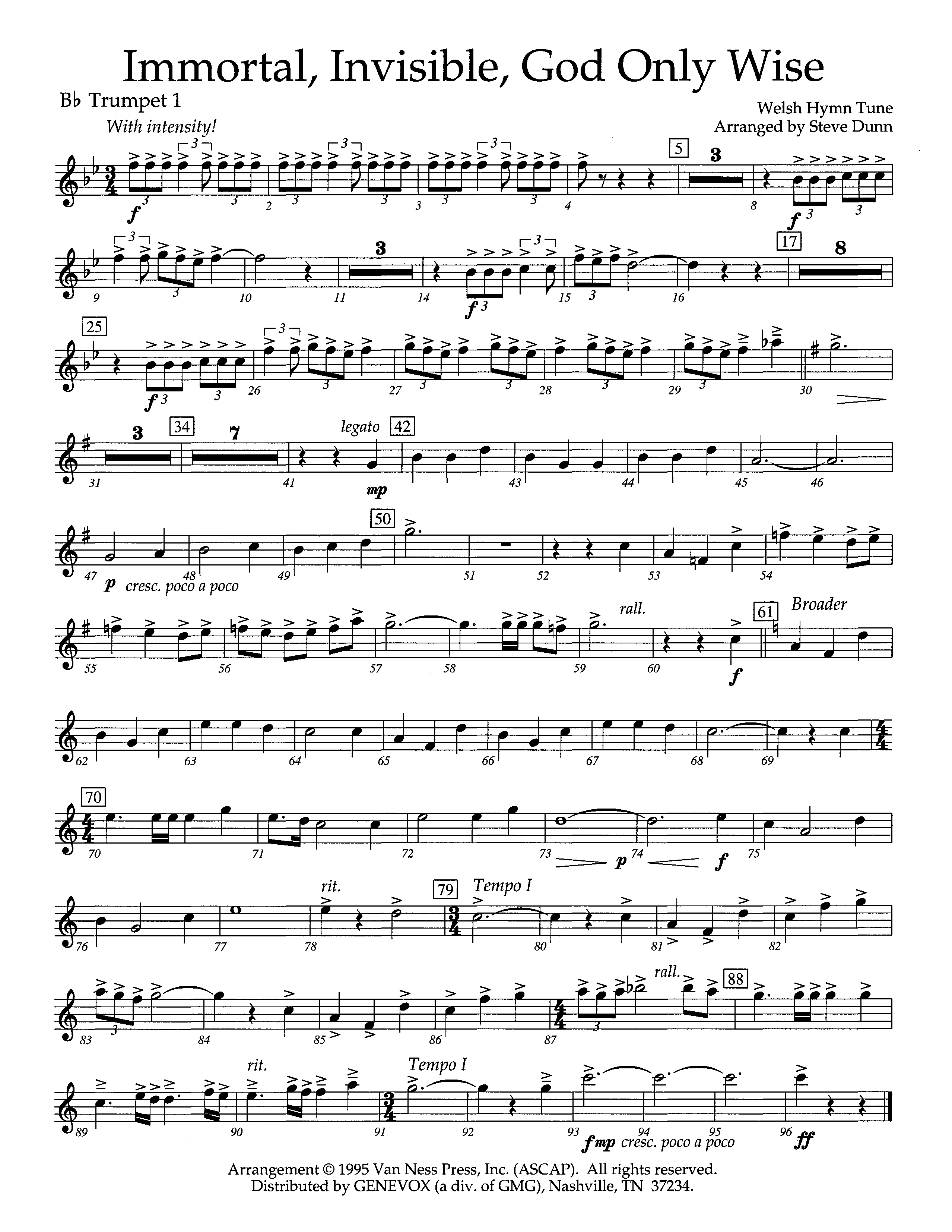 Immortal Invisible God Only Wise (Instrumental) Trumpet 1 (Lifeway Worship / Arr. Steve Dunn)