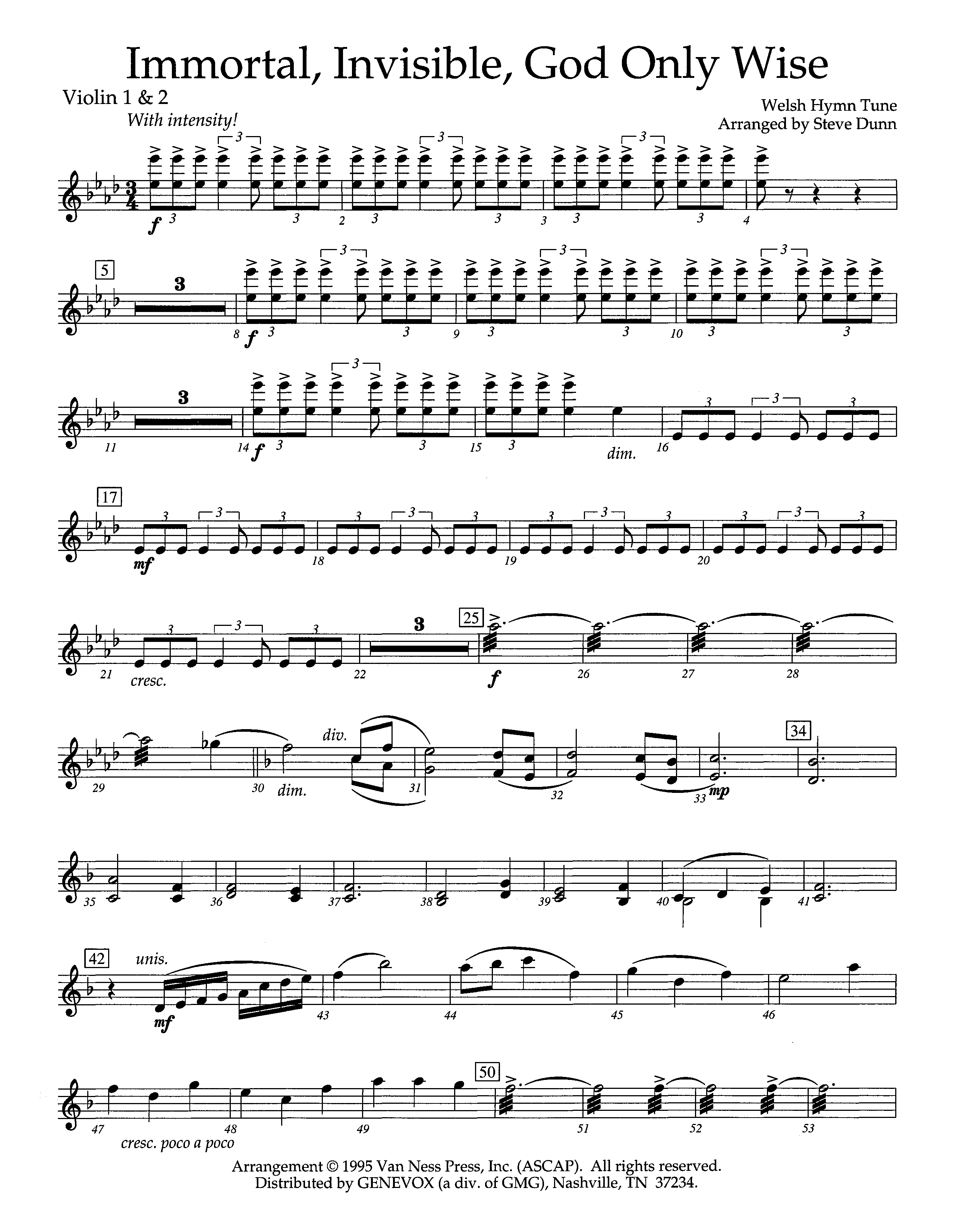 Immortal Invisible God Only Wise (Instrumental) Violin 1/2 (Lifeway Worship / Arr. Steve Dunn)