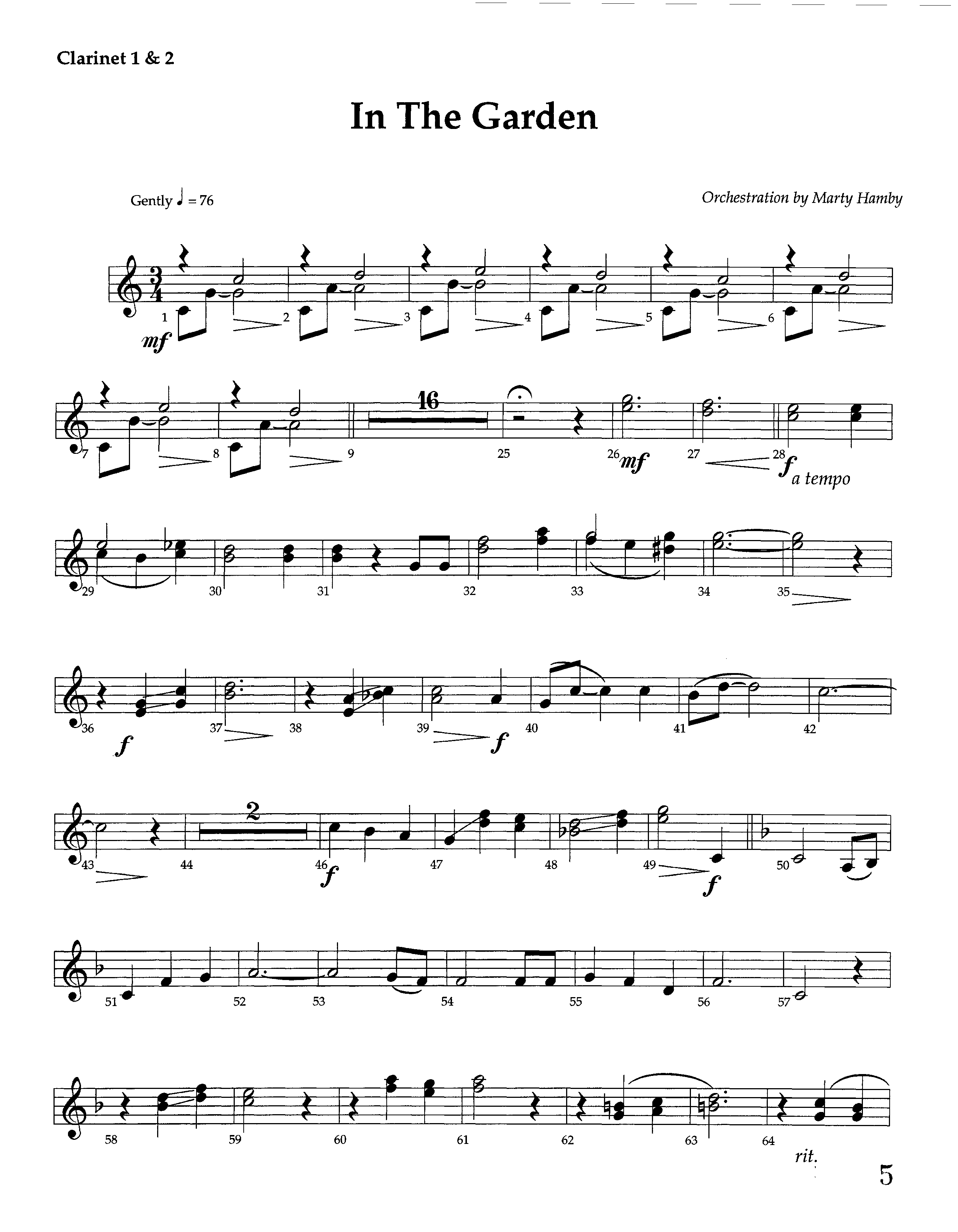 In The Garden (Instrumental) Clarinet 1/2 (Lifeway Worship / Arr. Marty Hamby)