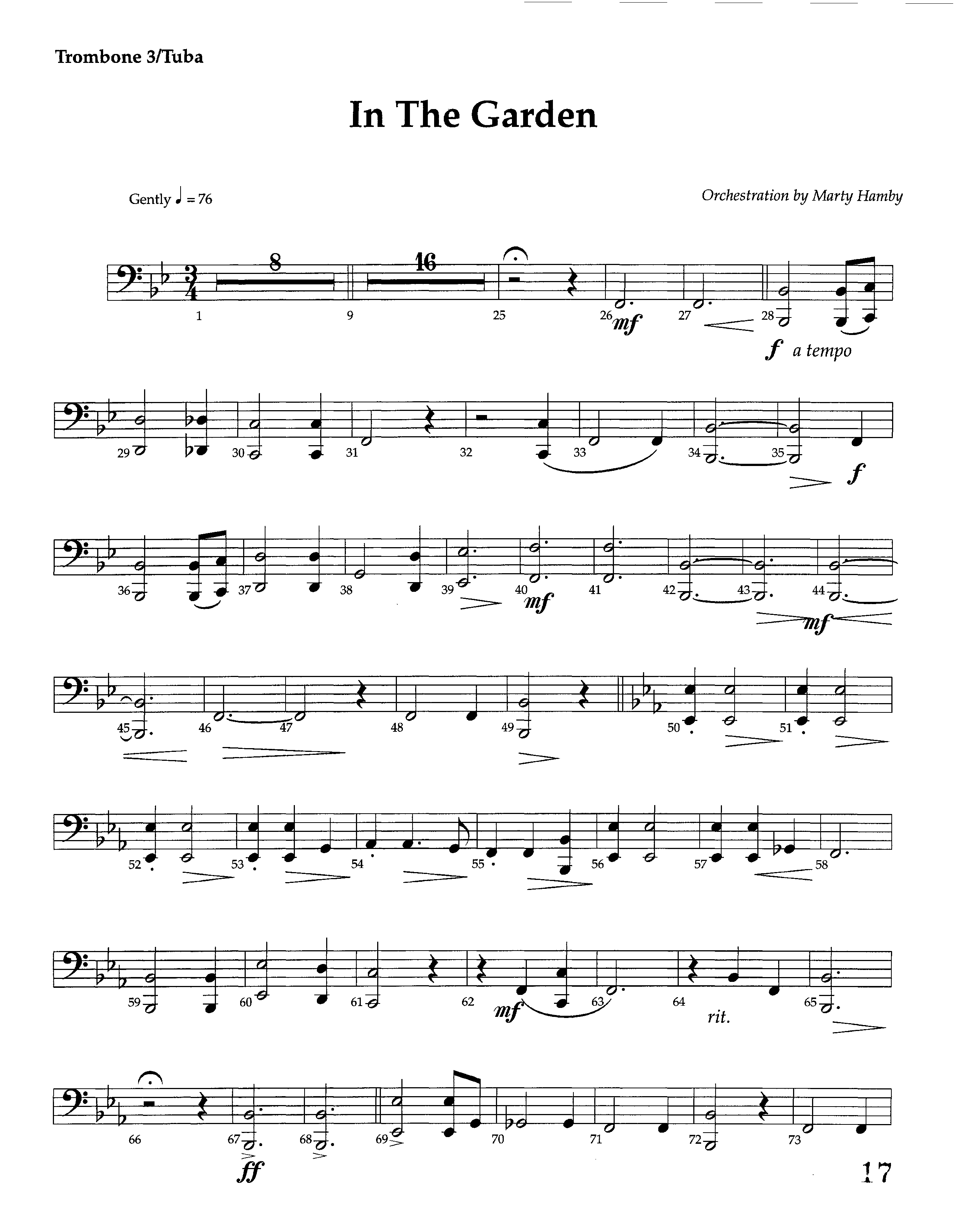 In The Garden (Instrumental) Trombone 3/Tuba (Lifeway Worship / Arr. Marty Hamby)