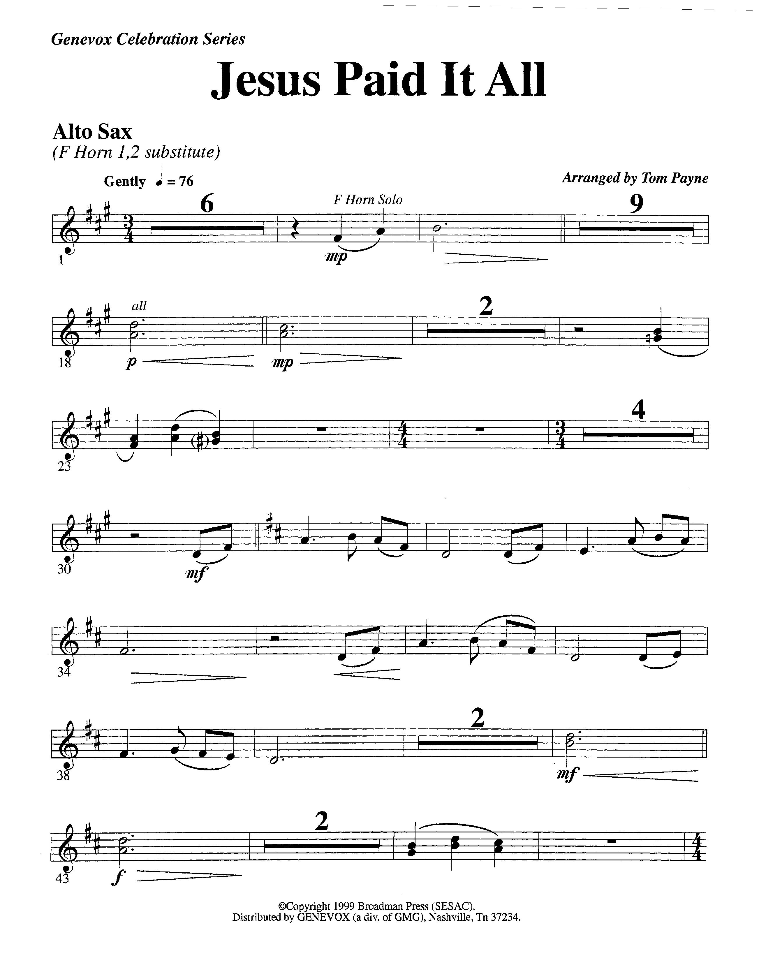 Jesus Paid It All (Instrumental) Alto Sax (Lifeway Worship / Arr. Tom Payne)