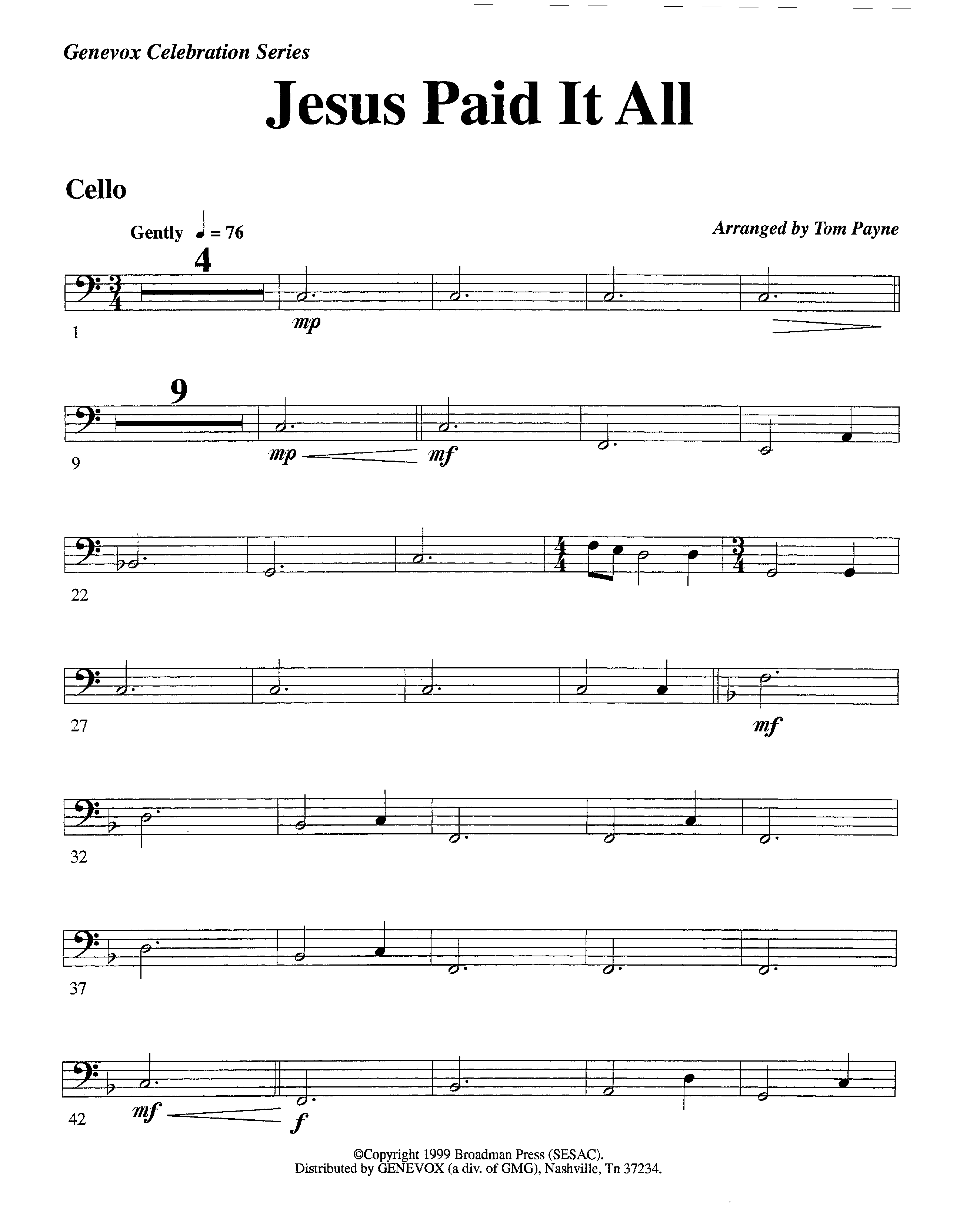 Jesus Paid It All (Instrumental) Cello (Lifeway Worship / Arr. Tom Payne)