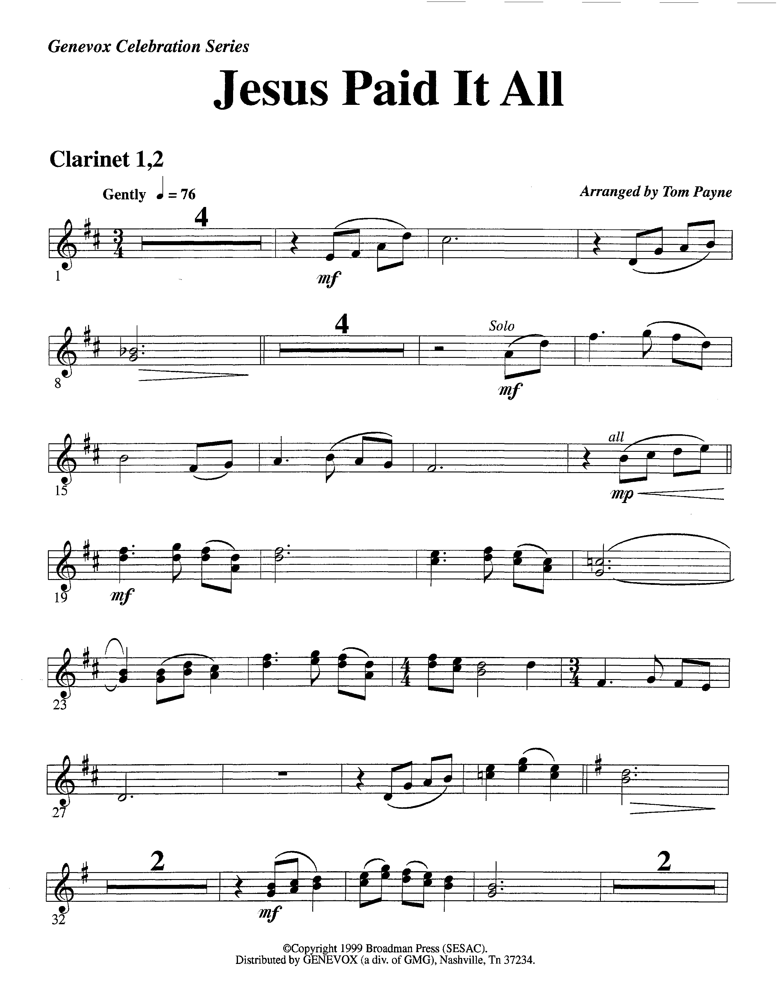 Jesus Paid It All (Instrumental) Clarinet 1/2 (Lifeway Worship / Arr. Tom Payne)