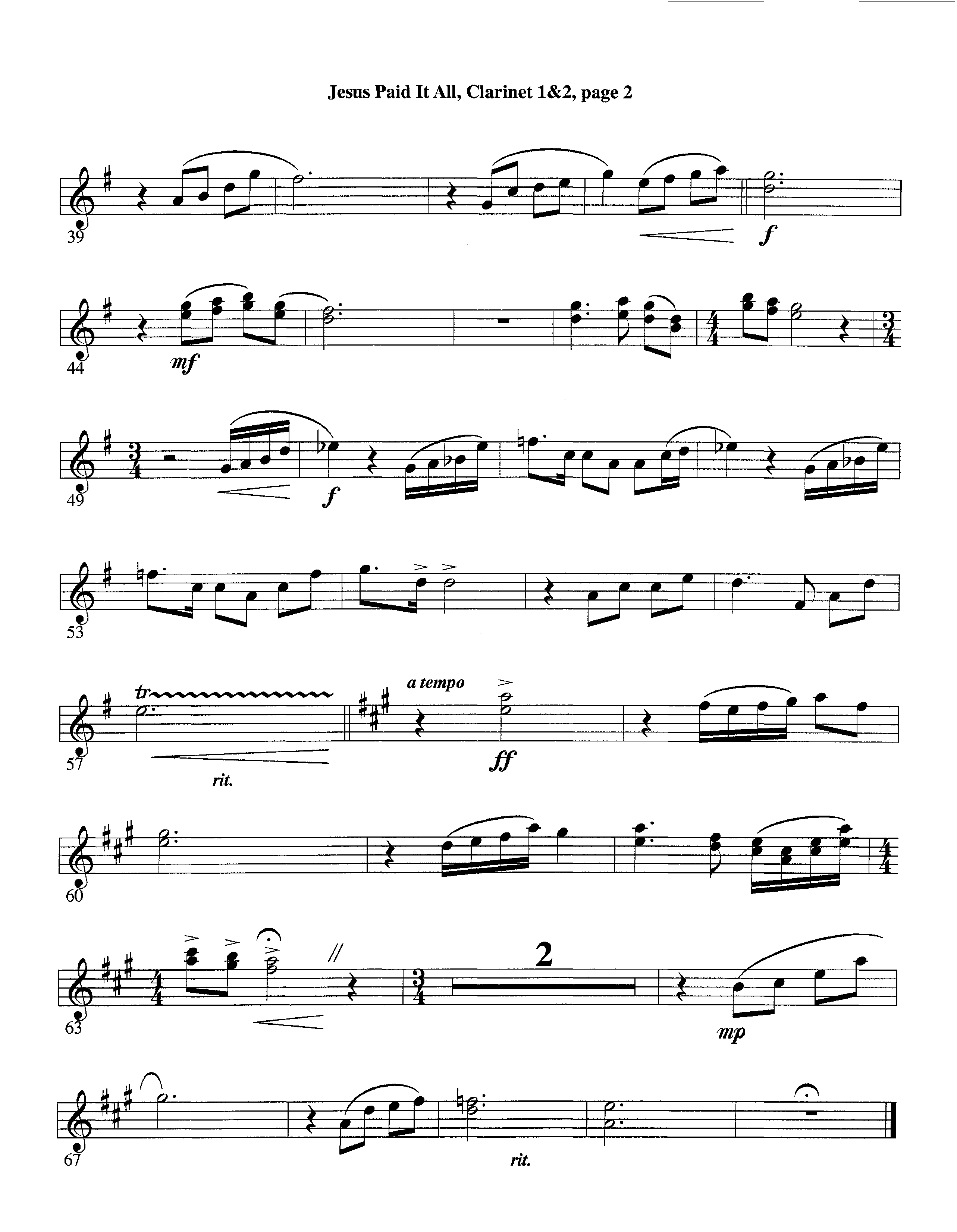 Jesus Paid It All (Instrumental) Clarinet 1/2 (Lifeway Worship / Arr. Tom Payne)