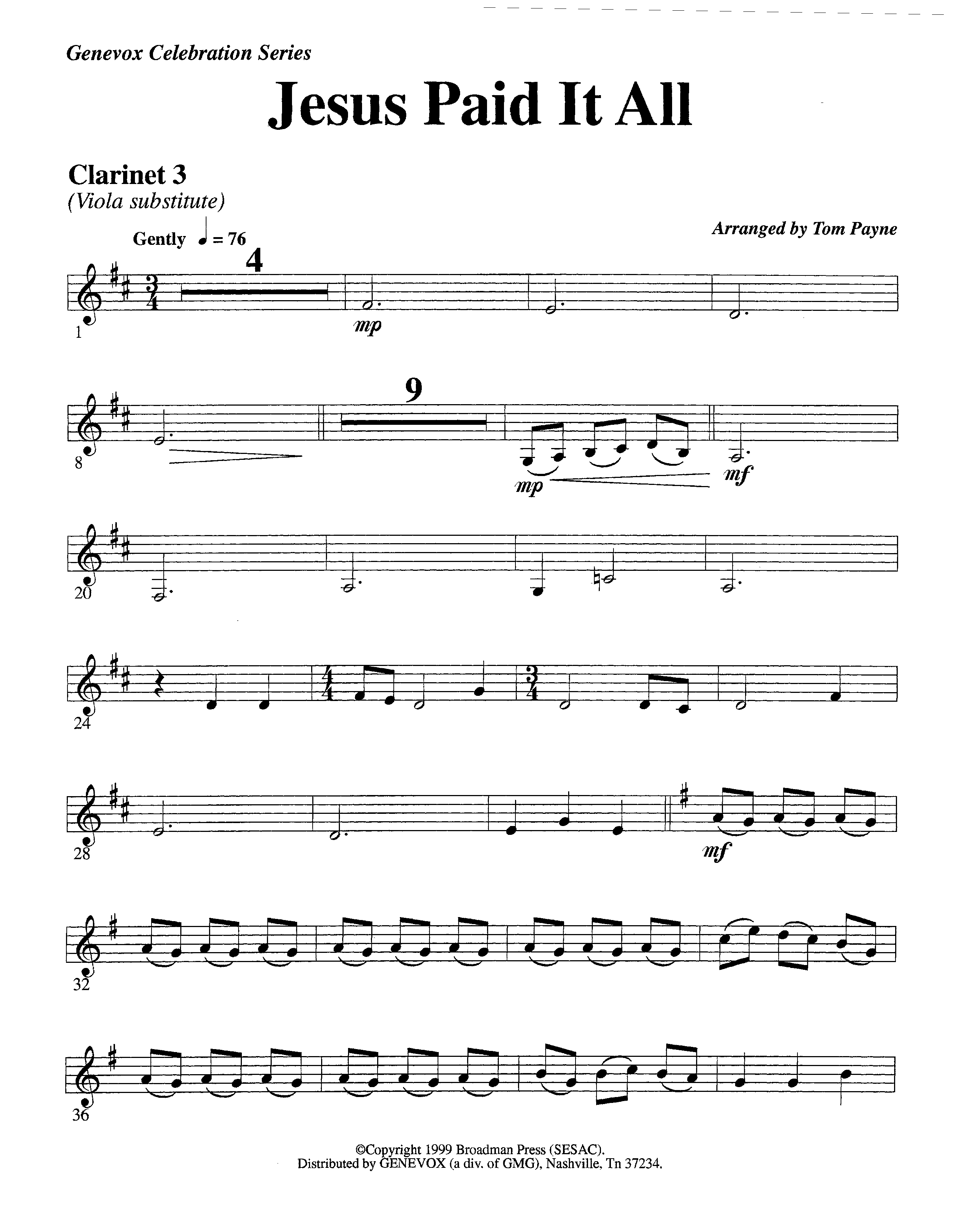 Jesus Paid It All (Instrumental) Clarinet 3 (Lifeway Worship / Arr. Tom Payne)