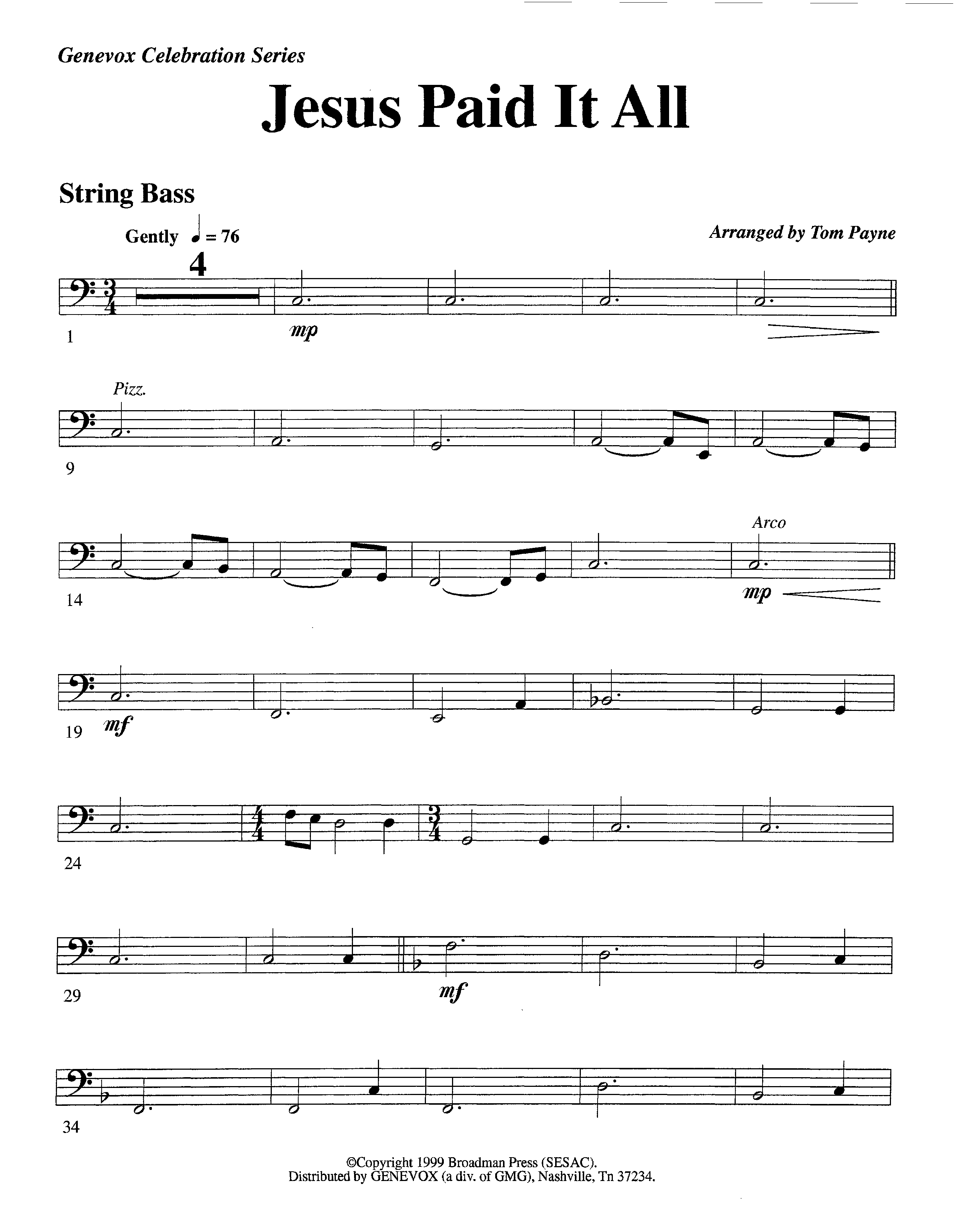 Jesus Paid It All (Instrumental) Double Bass (Lifeway Worship / Arr. Tom Payne)