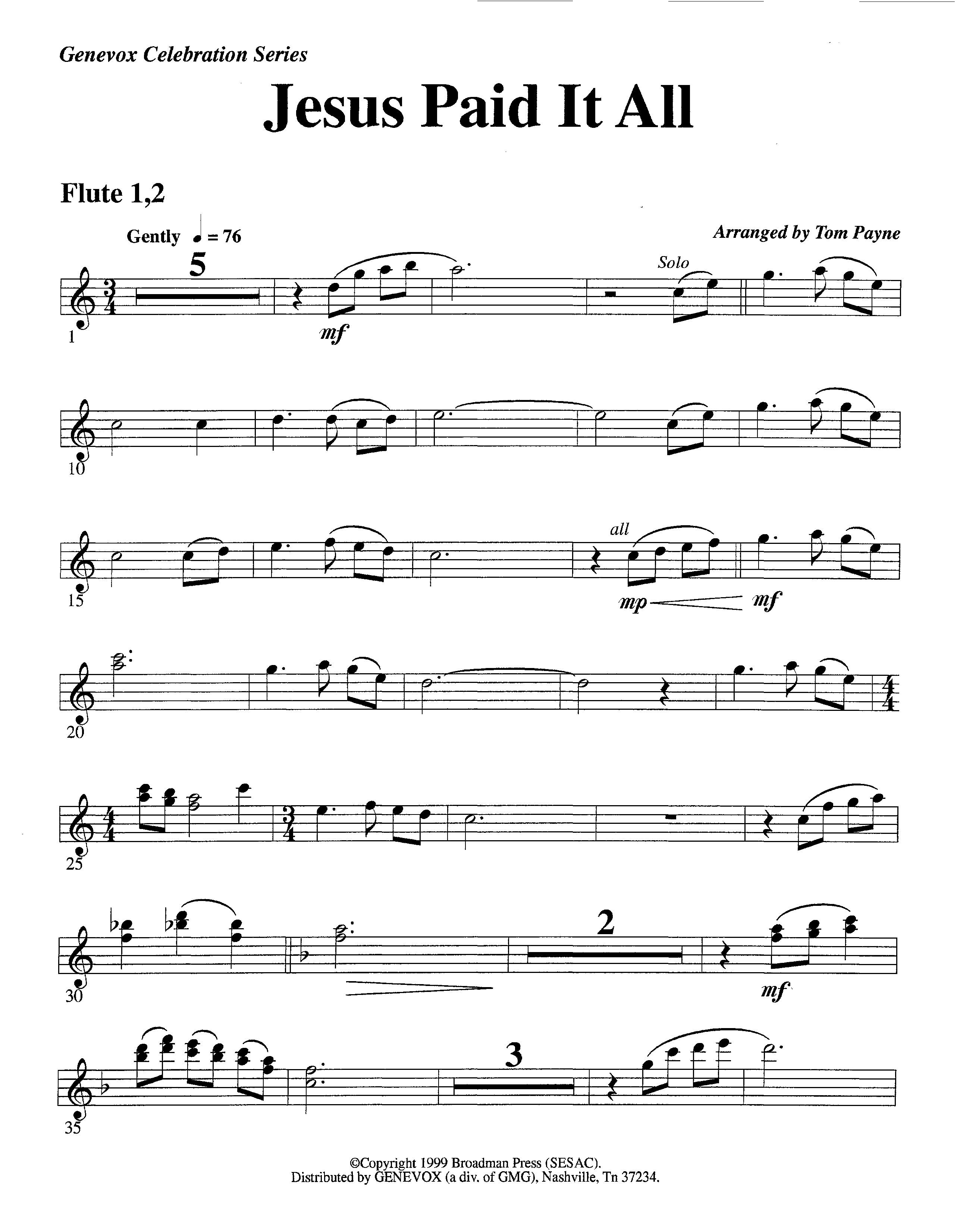 Jesus Paid It All (Instrumental) Flute 1/2 (Lifeway Worship / Arr. Tom Payne)