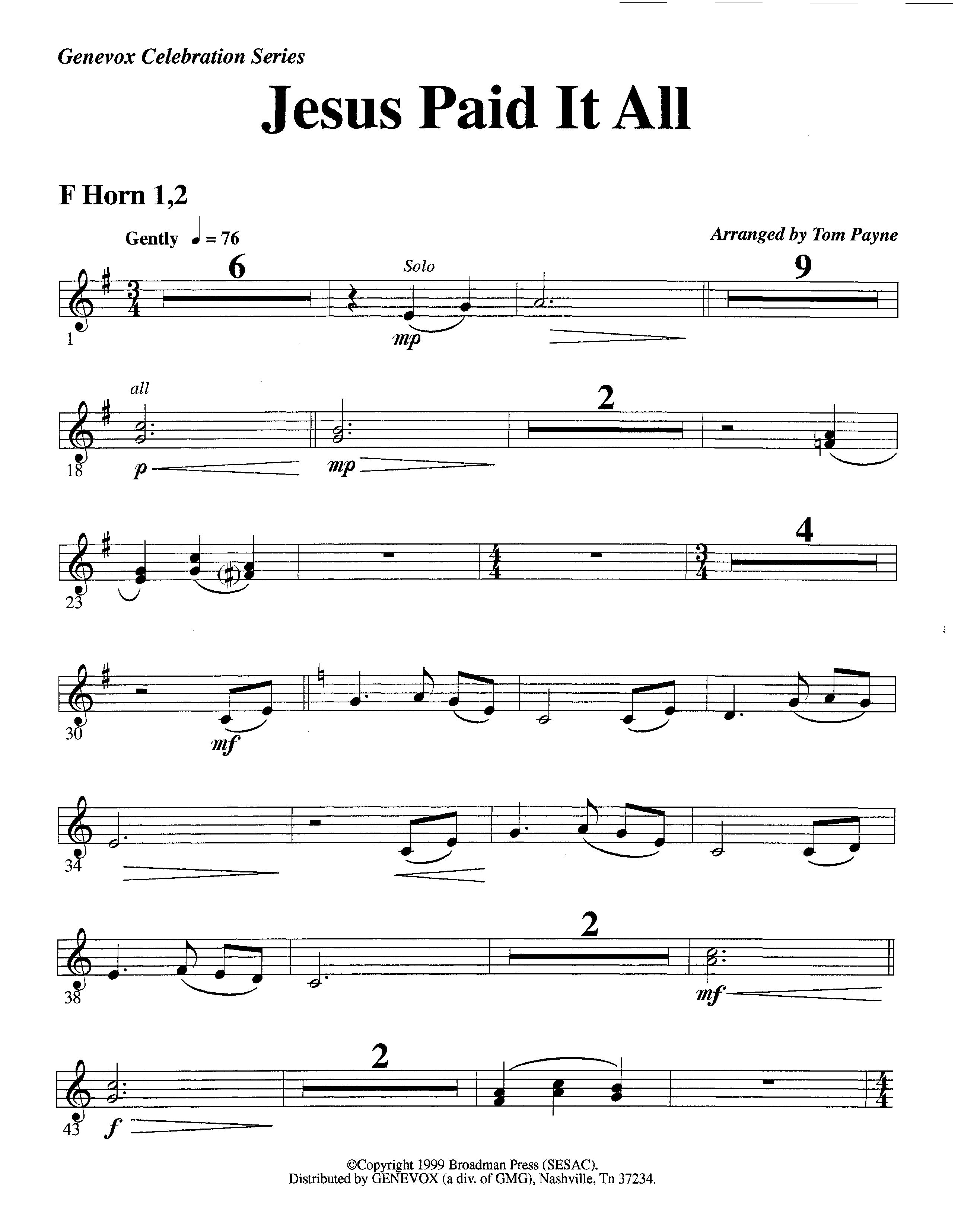 Jesus Paid It All (Instrumental) French Horn 1/2 (Lifeway Worship / Arr. Tom Payne)