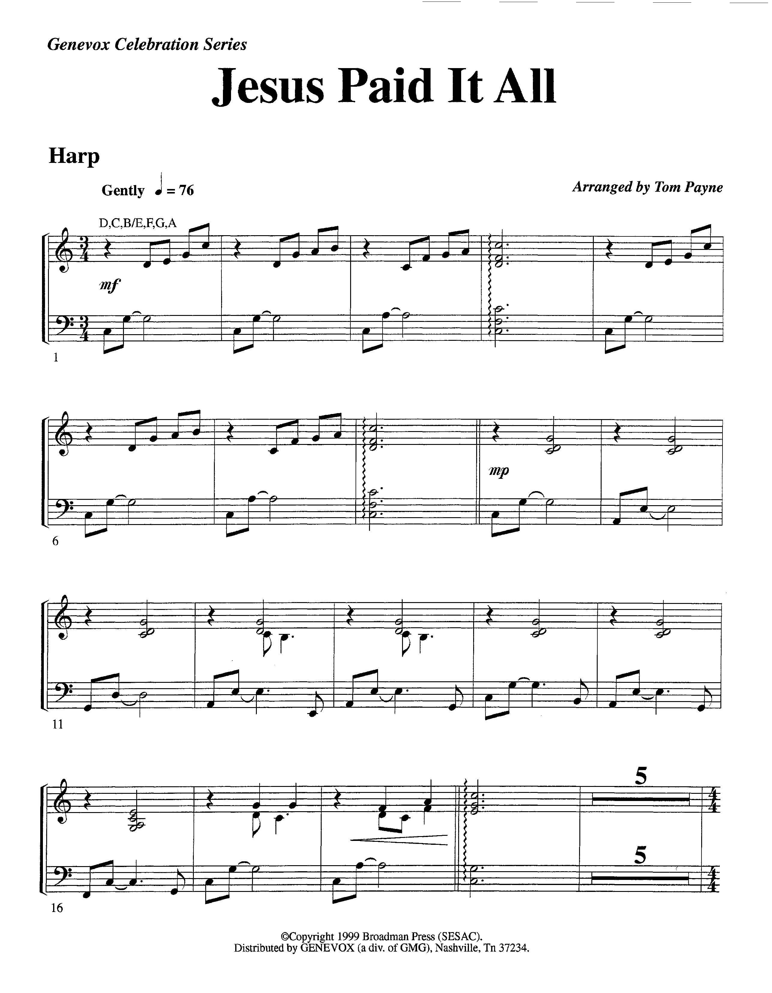 Jesus Paid It All (Instrumental) Harp (Lifeway Worship / Arr. Tom Payne)